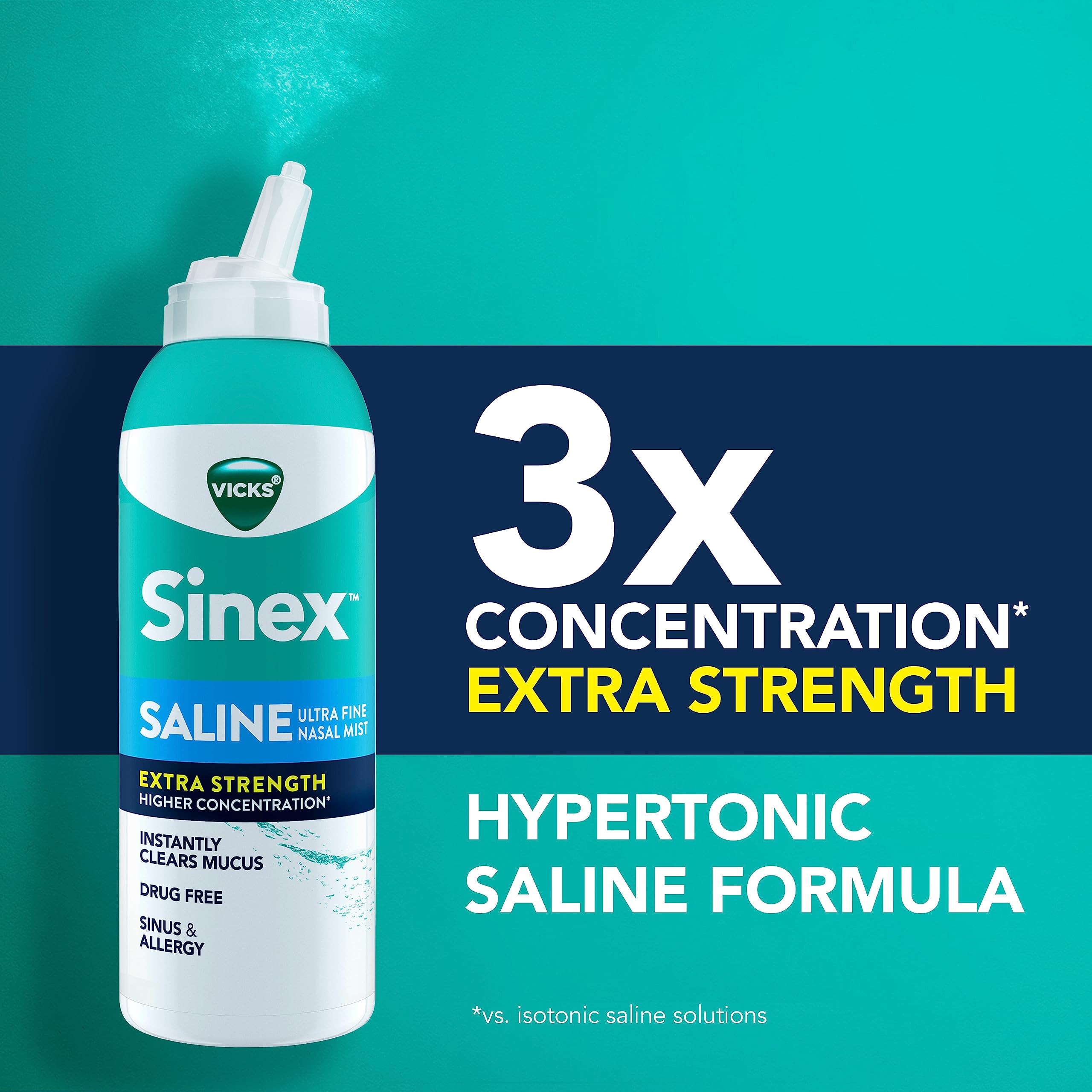Buy now VICKS Sinex Saline Extra Strength Nasal Spray, 3X Concentrated* Drug Free Ultra Fine Mist, Instantly Clears Mucus, Ultra Concentrated to Clear Congestion Fast, Safe For Daily Use, 5 OZ x 2 at indiglob india