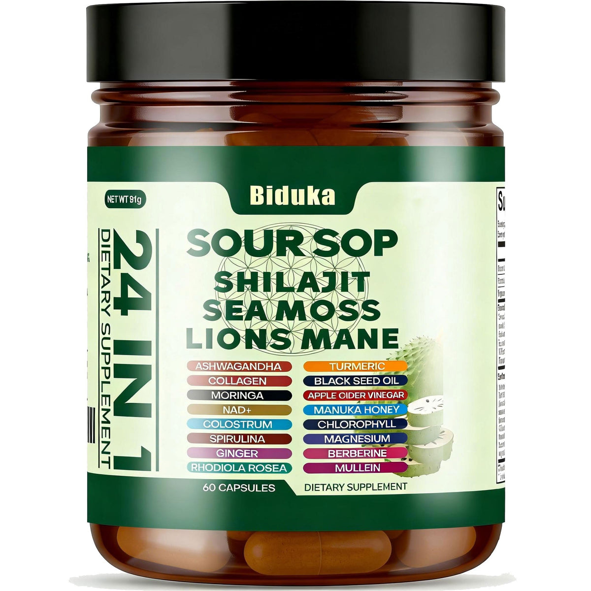 24-in-1 Soursop Capsules with Shilajit, Sea Moss, Lions Mane, Ashwagandha, Elderberry, Vitamin C, D3 & Magnesium | 20:1 Extracts | Daily Wellness Support for Adults | Non-GMO