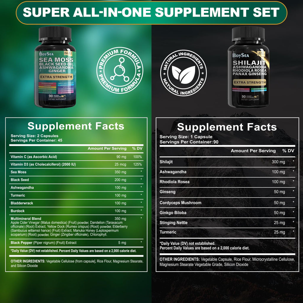 Boysea.Shilajit and Sea Moss Bundle - Sea Moss, Black Seed Oil, Ashwagandha, Ginger & Shilajit, Rhodiola Rosea, All in 1 Supplements - 540 Count