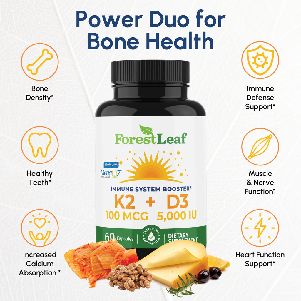 ForestLeaf Vitamin D3 + K2 (MK7) Supplement - MenaQ7 - Calcium and Vitamin D3 5000 IU Max Absorption - Teeth and Bone Strength, Heart Health, Immune System Support - 60 Veggie Capsules