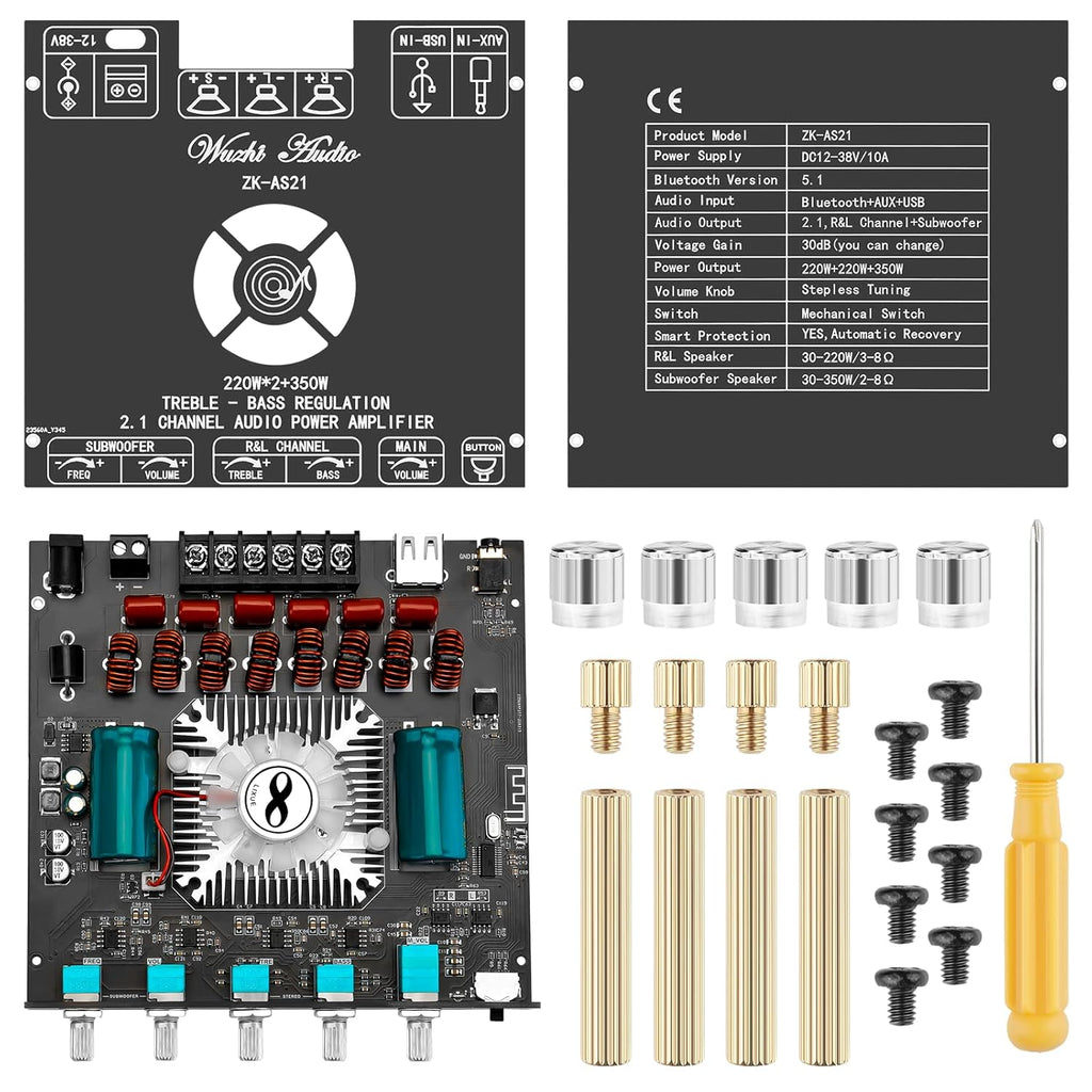 Buy now Bluetooth Power Amplifier Board Stereo - HiFi 2.1 Channel 2X220W+350W Bluetooth 5.1 16-32V Digital Power Audio Amplifier Module Subwoofer Control with AUX/Bluetooth/USB Flash Drive (ZK-AS21) at indiglob india