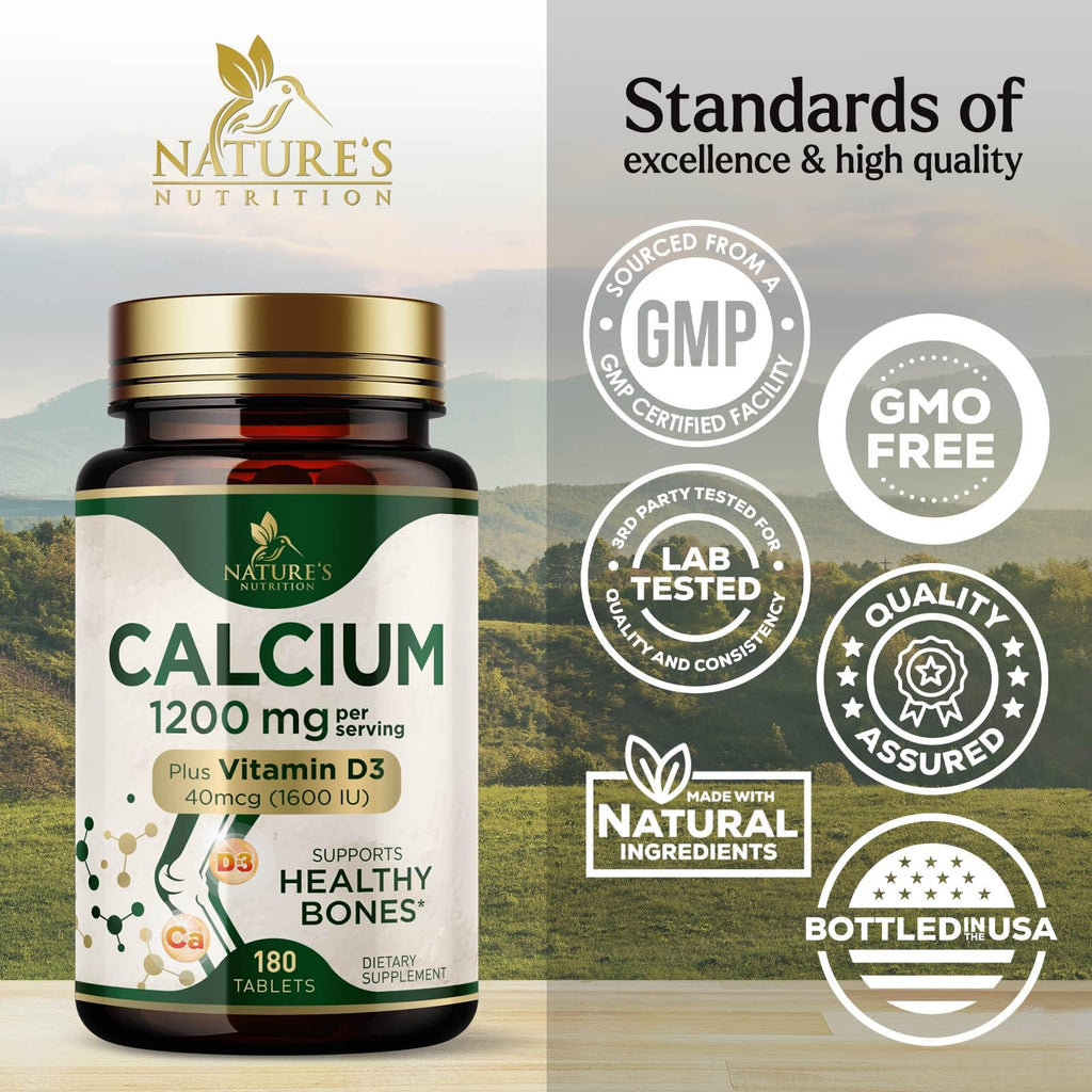 Calcium 1200 mg with Vitamin D3 - Bone Health Supplement, Vitamin D & Calcium Supplements for Women & Men - Bone Strength, Teeth & Immune Support, Nature's Calcium Pills, Bottled in USA - 180 Tablets