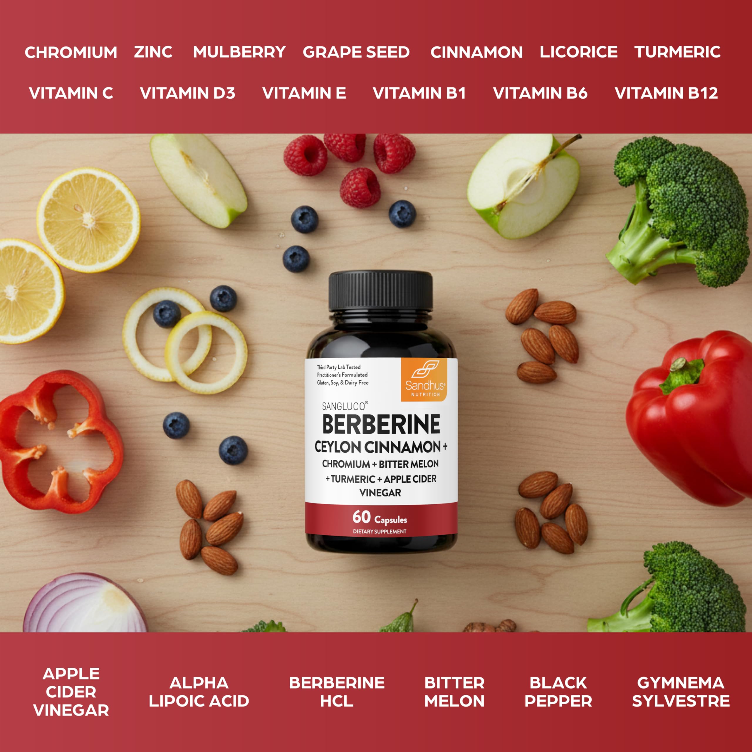 Sangluco Berberine Ceylon Cinnamon Chromium Turmeric Apple Cider Vinegar Bitter Melon Supplement | Supports Healthy Levels Already Within Normal Range | 180 Capsules