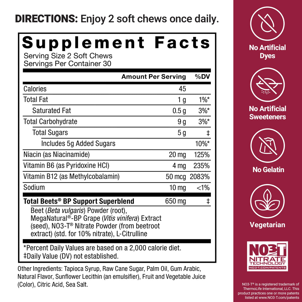 Force Factor Total Beets Blood Pressure Support & Nitric Oxide Supplement | with Beet Root Powder & Grape Seed Extract for Heart Health, Acai Berry Flavor, 120 Beet Chews, 2-Pack