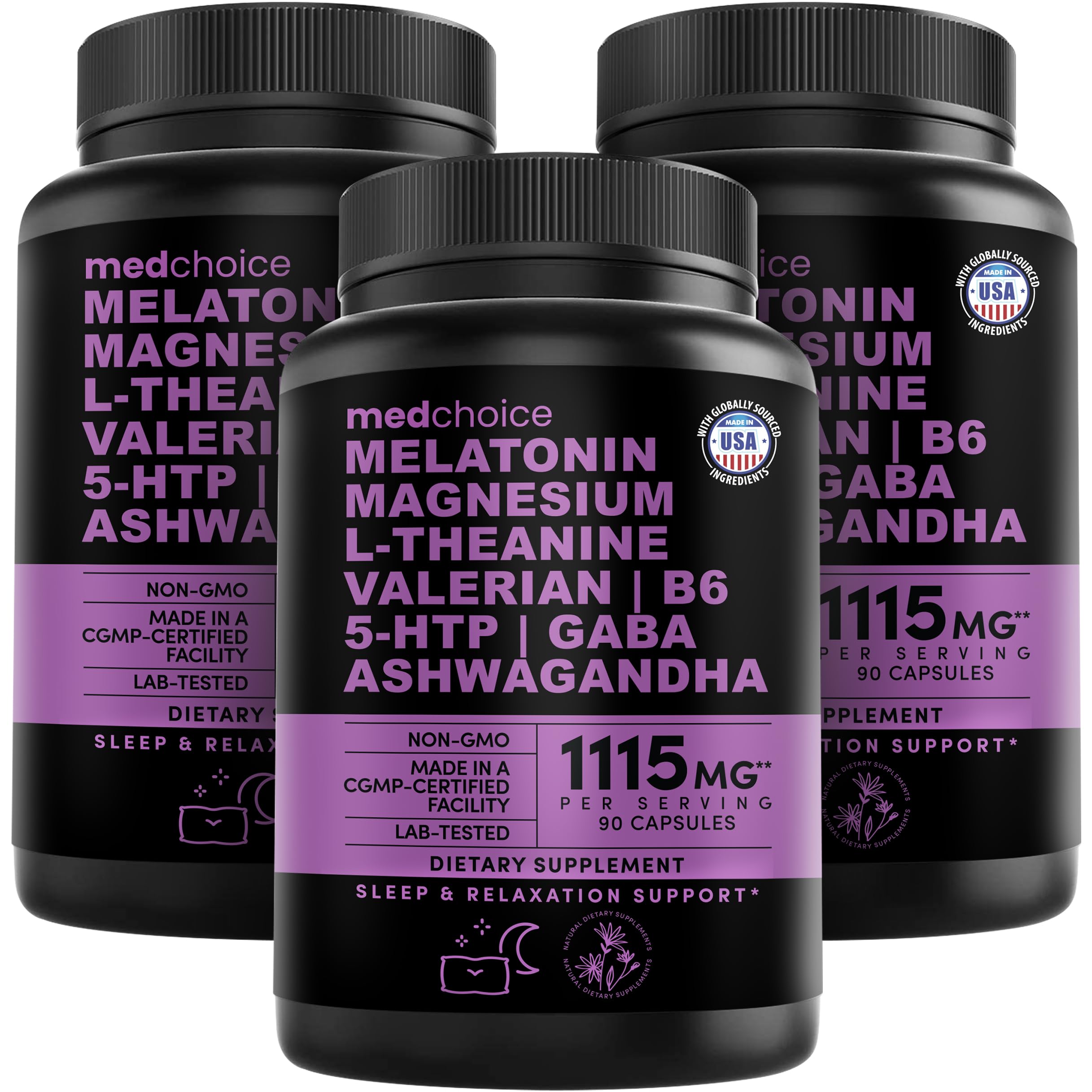 12-in-1 Melatonin Sleep Capsules - Natural Sleep Aids for Adults with Melatonin 5mg and Magnesium Glycinate 500mg, Sleep Aid with Ashwagandha, L Theanine, Valerian Root, GABA, 5-HTP (90ct, Pack of 2)
