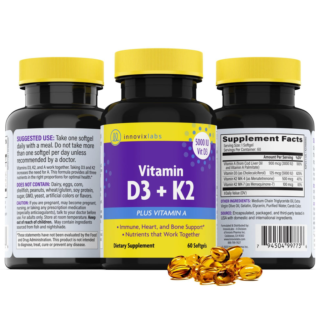 InnovixLabs D3 K2 Vitamin 5000 IU Supplement with Vitamin A (60 Softgels) (Pack of 2)