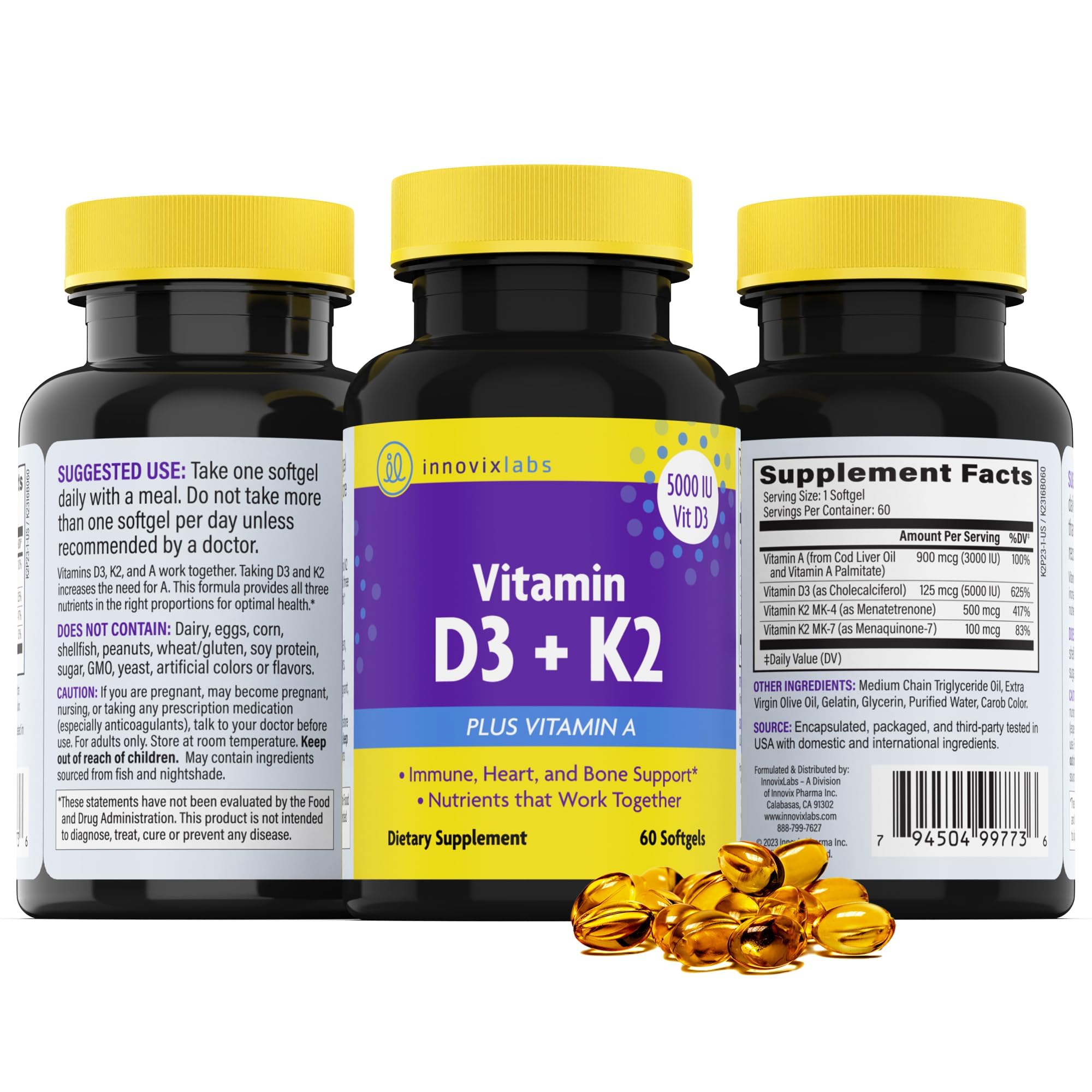 InnovixLabs D3 K2 Vitamin 5000 IU Supplement with Vitamin A (60 Softgels) (Pack of 2)