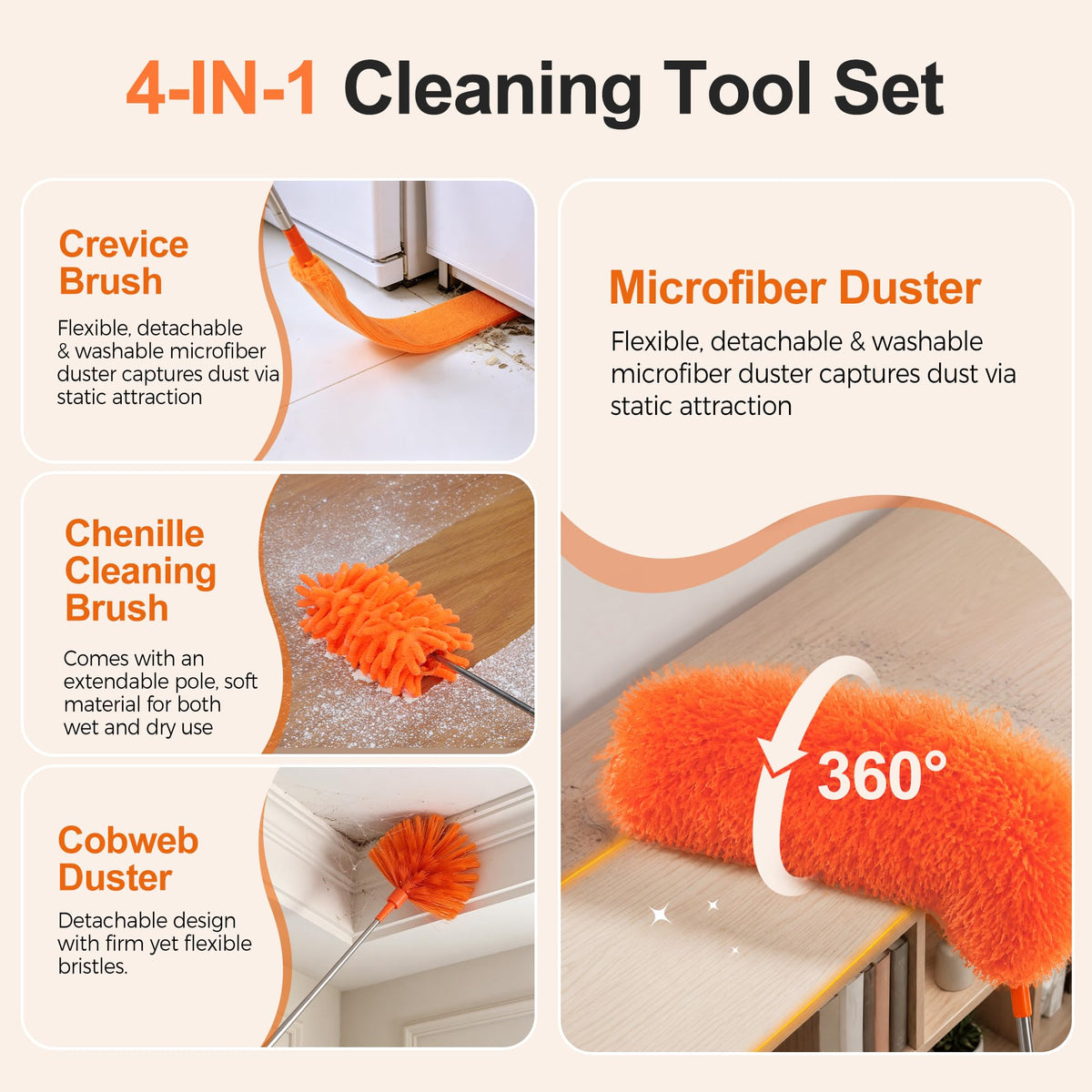 Cobweb Duster with Extension Pole, Pole5-Piece Spider Web Brush with Pole Kit, 100" Telescoping Microfiber Feather Dusters for Cleaning, Bendable Washable Dusters for High Ceilings, Ceiling Fans