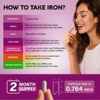 Iron Supplement for Women - Iron 65mg (Ferrous Sulfate 325mg) - 60 Caps | Iron Level & Energy Support - Vitamins C, D3, B6, B12 & Folate - Stomach Friendly, Slow Release, Bioavailable - 60-Day Supply