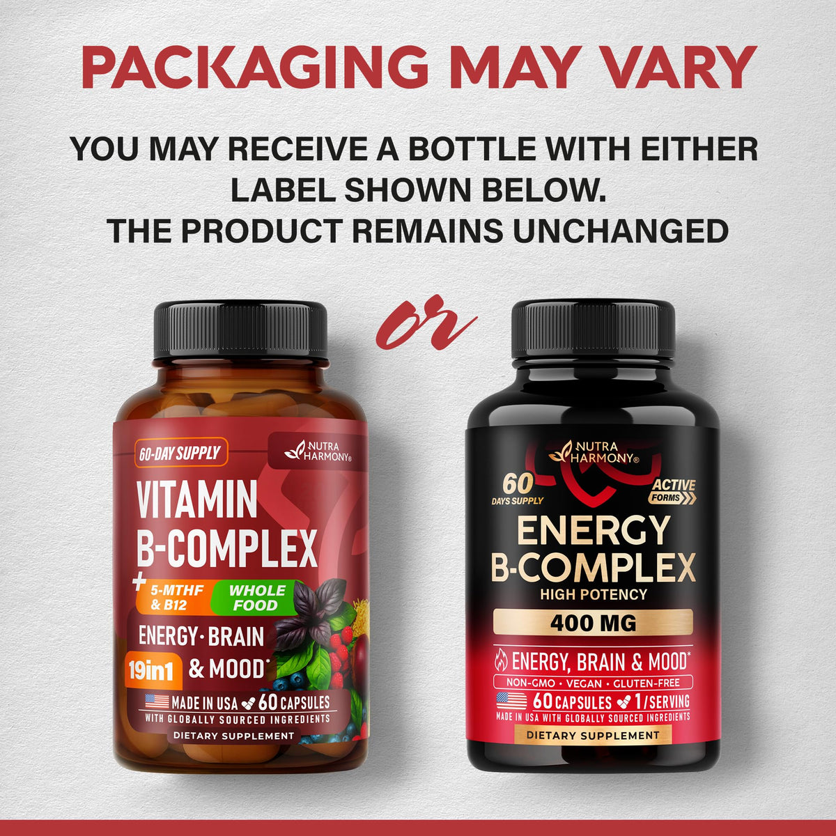 Vitamin B Complex: B1, B2, B3, B5, B6, B7, B12, 5MTHF + Whole Food - 60Caps