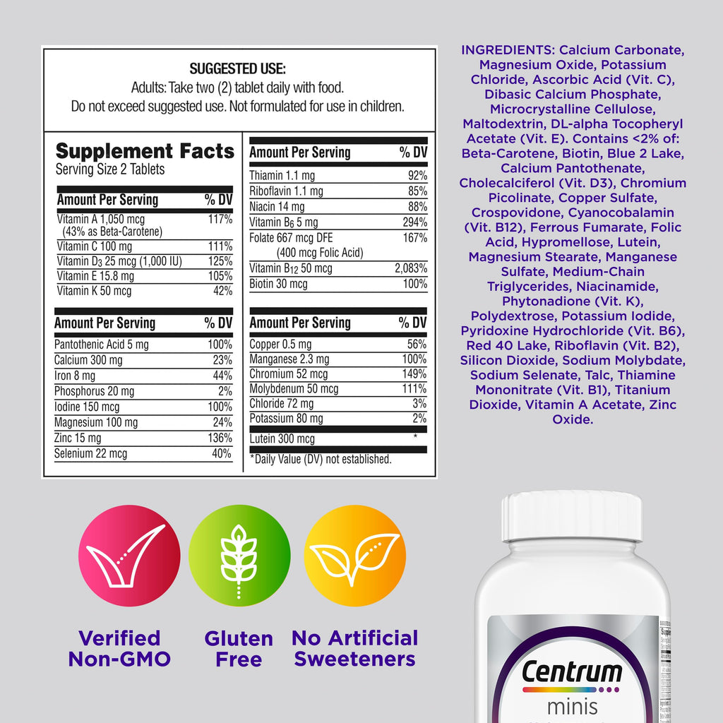 Centrum Minis Silver Women's Multivitamin, Women 50 and Over, 280 Tablets | Contains Vitamin D3, B Vitamins, Calcium, and Antioxidants, Non-GMO Ingredients, Supports Memory and Cognition, GLP-1 Support