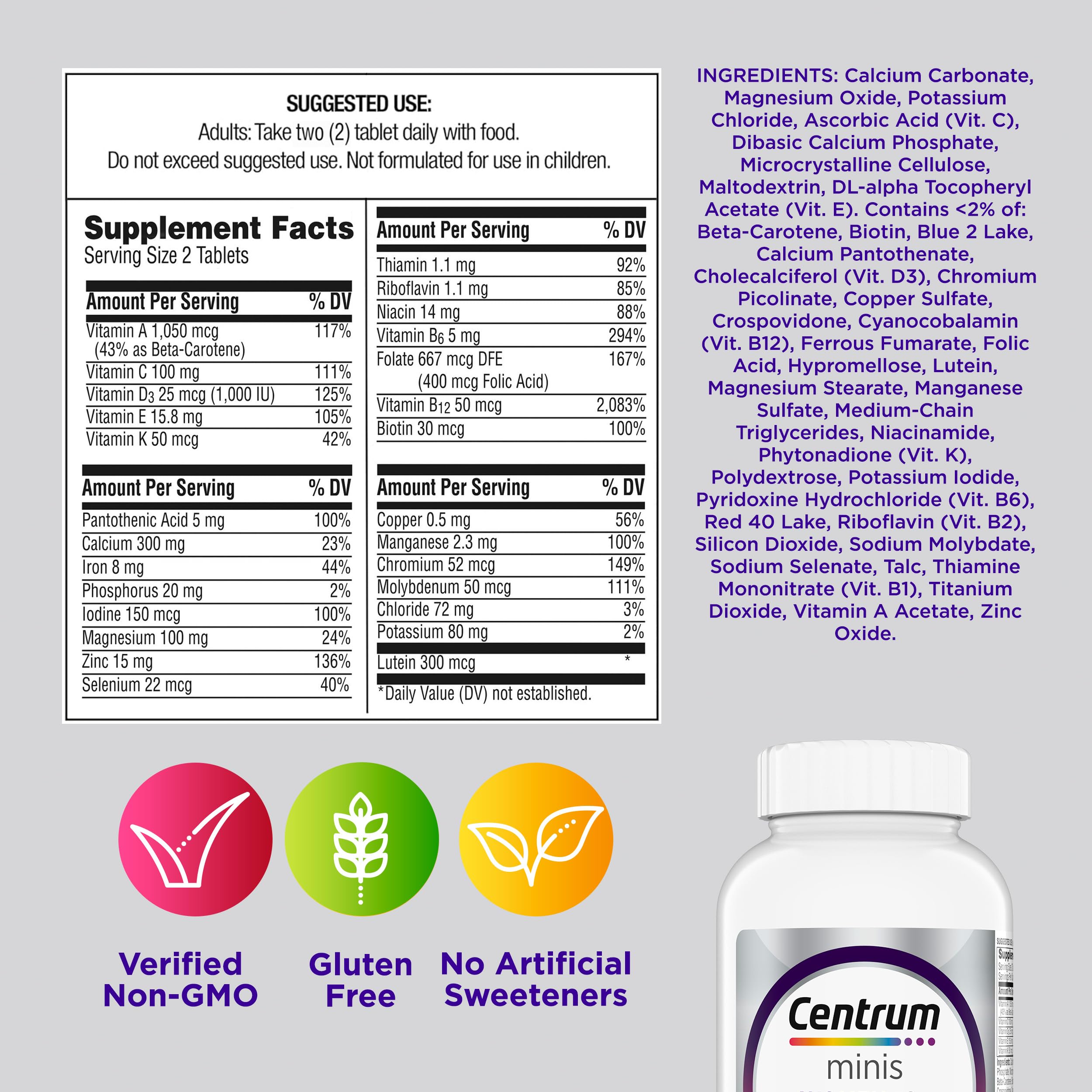 Centrum Minis Silver Women's Multivitamin, Women 50 and Over, 280 Tablets | Contains Vitamin D3, B Vitamins, Calcium, and Antioxidants, Non-GMO Ingredients, Supports Memory and Cognition, GLP-1 Support