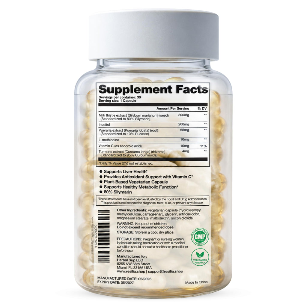 Resilia Milk Thistle Silymarin – 300 mg Supplement with Vitamin C, Inositol, Pueraria Root & Turmeric Extract, High-Absorption Antioxidant-Focused Plant Formula, 30 Vegetarian Capsules