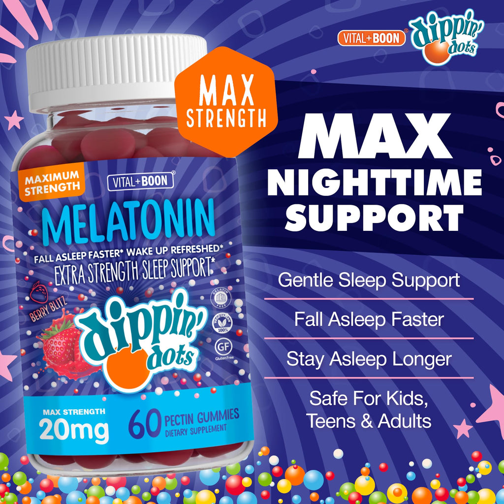 Dippin' Dots Extra Strength Melatonin Gummies 20mg, Sleep Aid (60 Ct) | 20mg melatonin gummies, a natural sleep aid for adults needing extra nighttime support; vegan, stronger nightly dose.