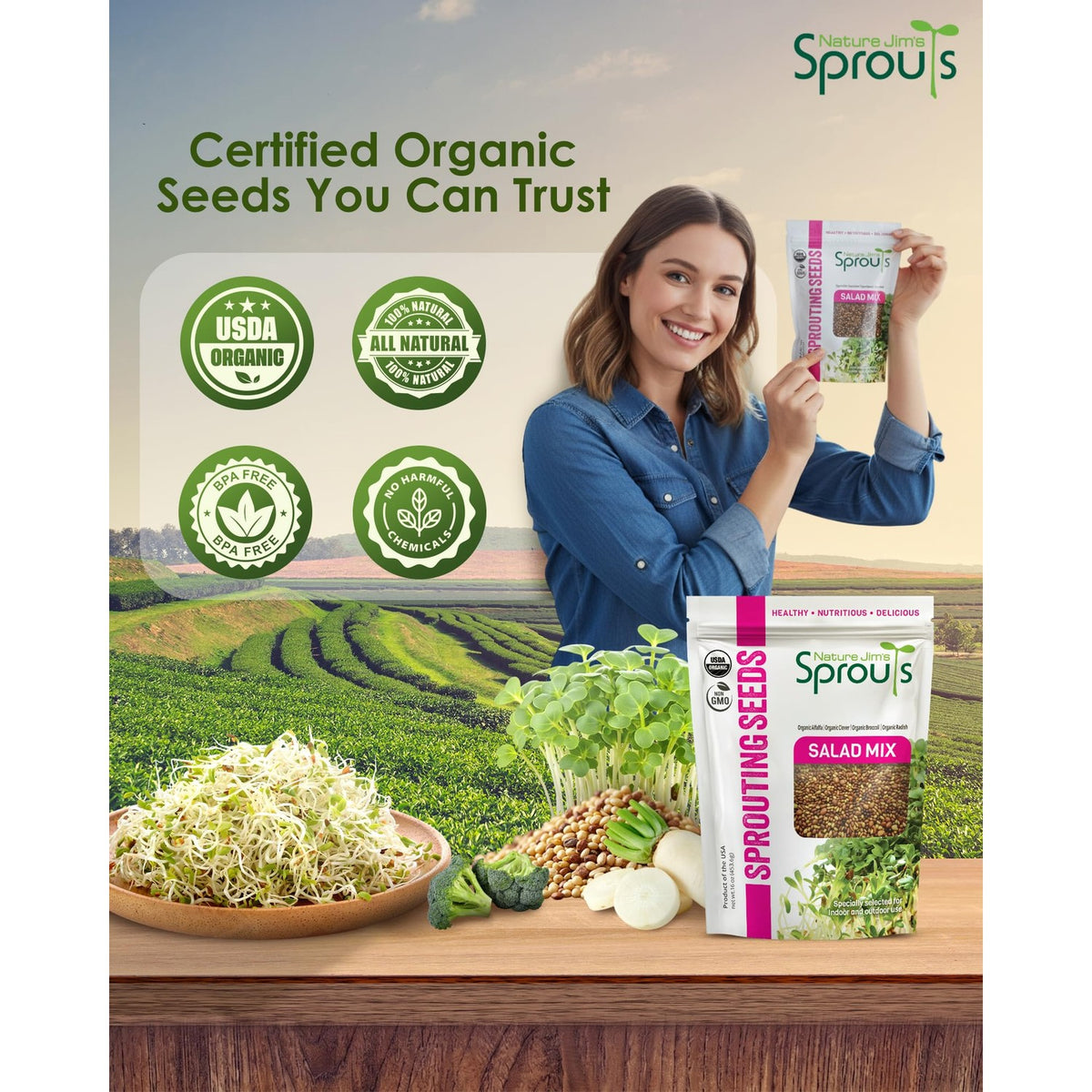 Nature Jim's Sprouts Salad Mix – Broccoli, Alfalfa, Clover, Radish, 1lb