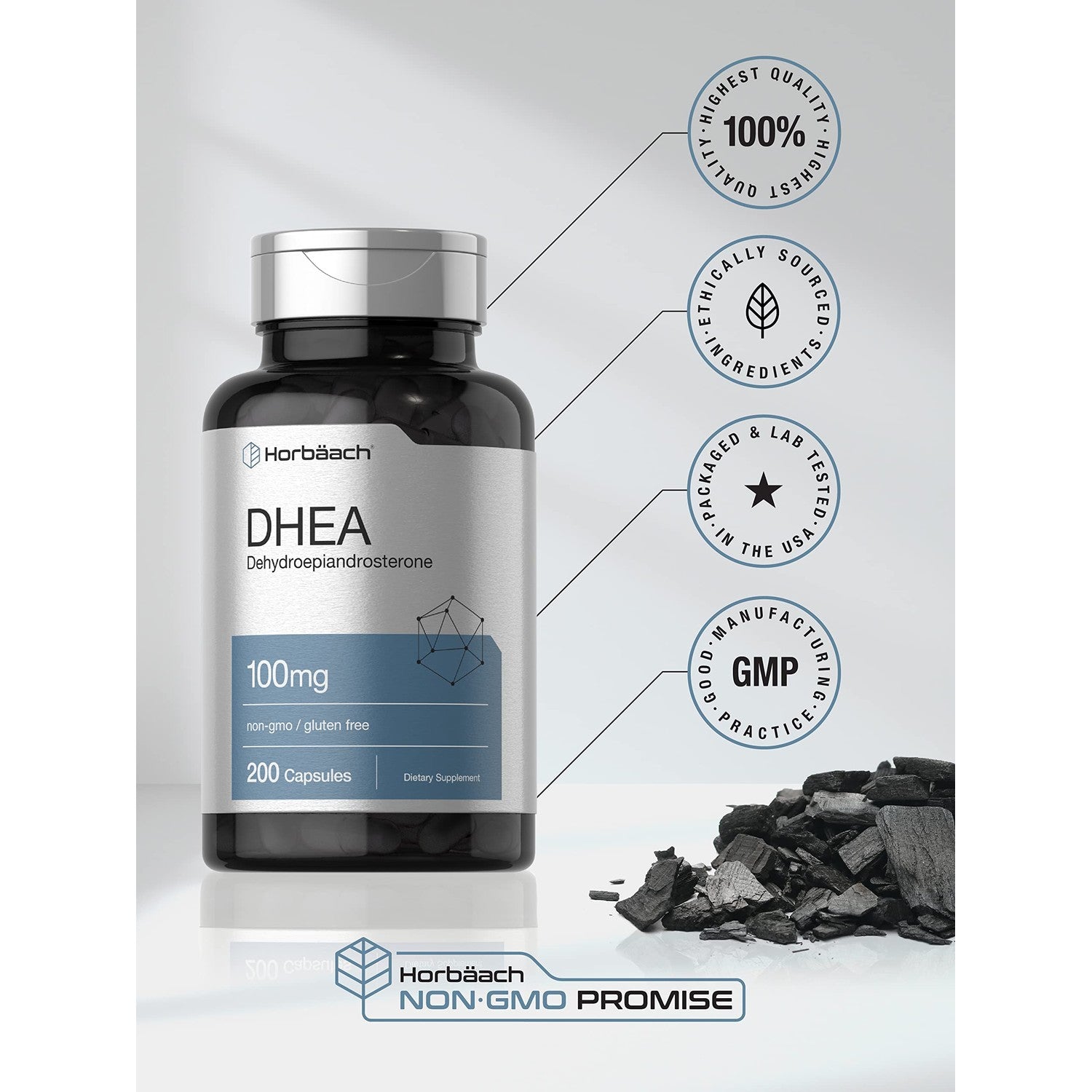 Horbäach DHEA 100mg | 200 Capsules | Supplement for Men and Women | Non-GMO, Gluten Free