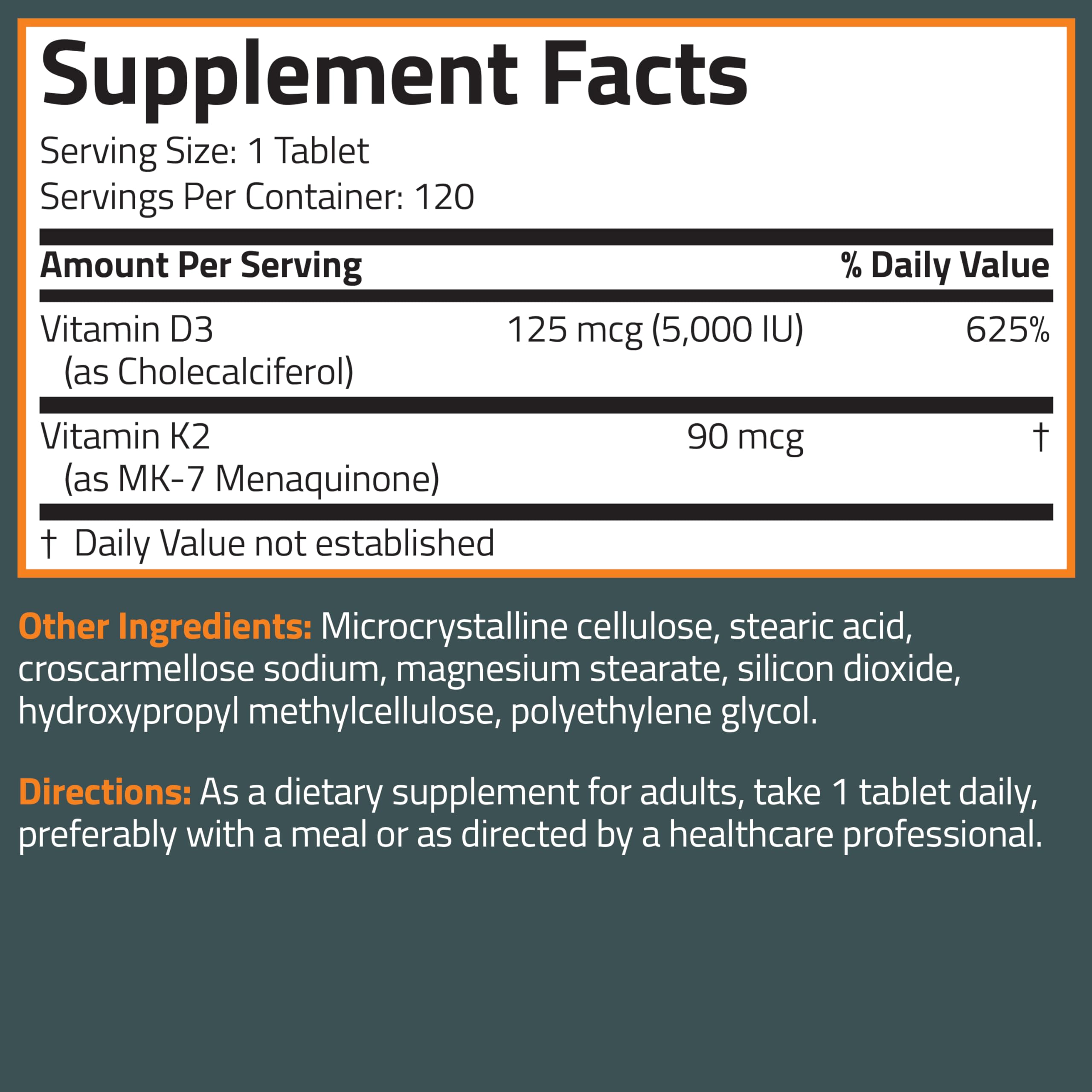 Bronson Vitamin K2 D3 (MK7) Supplement 2-in-1 D3 & K2 Complex, 120 Tablets | Bone, Immune & Heart Health Support, Gluten-Free, Soy-Free, Non-GMO, Vitamin D3 5000 IU (125 mcg) & 90 mcg K2 MK-7