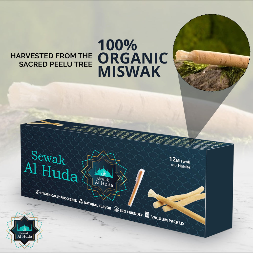 12 Pcs Miswak Sticks with Holder - Vacuum Sealed Chewing Miswak Sticks for Teeth - Natural Flavored Toothbrush for Teeth Whitening, Oral Health, and Fresh Breath || Pack of 12