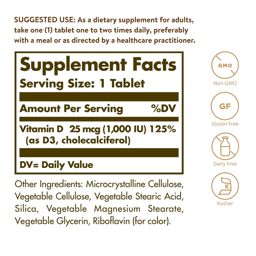 Solgar Vitamin D3 (Cholecalciferol) 25 MCG (1000 IU), 180 Servings | Helps Maintain Healthy Bones & Teeth - Immune System Support - Non-GMO, Gluten Free, Dairy Free, Kosher