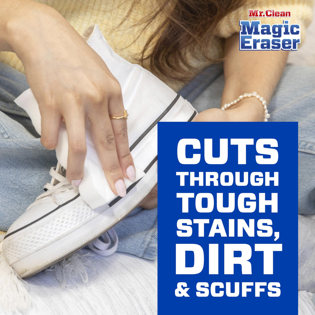 Buy now Mr. Clean Magic Eraser Sponge, All Purpose Cleaner, Cleaning Scrubber, Wall Cleaner, Sneaker Cleaner, Kitchen, Bathroom, Shower Cleaning Supplies, Melamine Sponge, Cleaning Pads, Extra Durable, 10ct at indiglob india