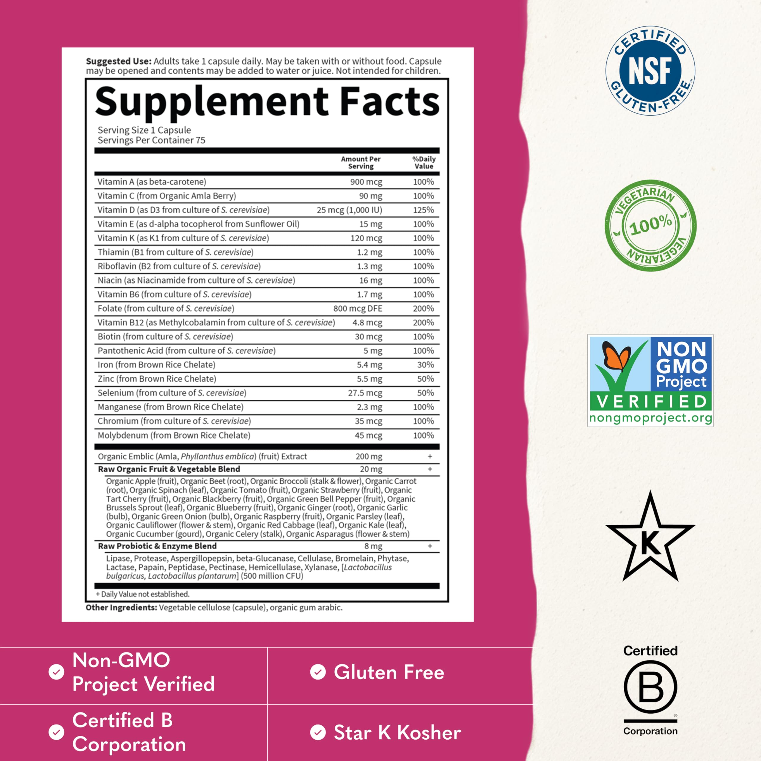 Garden of Life Vitamin Code Raw One for Women, Once Daily Women's Multivitamin - 75 Capsules, One a Day Vitamins Whole Food Iron, Probiotics for Digestive Health, Gluten Free Vegetarian