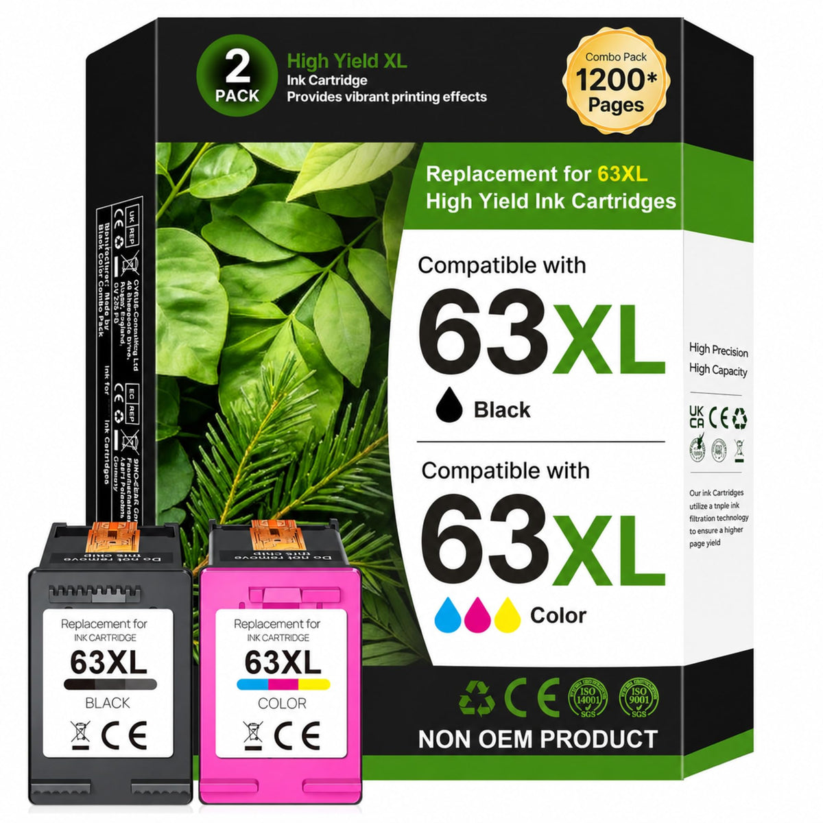 63XL Ink Cartridges Black and Color Replacement for HP Ink 63 for HP 63XL Ink Cartridge Combo Pack Work for HP OfficeJet 3830 4650 5255 5258 5200; Envy 4520 4512 4510; DeskJet 1112 2130 3630 (2 Pack)