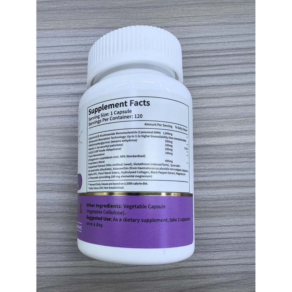 15-in-1 Liposomal NMN Supplement, 2000mg per* Serving*, 120 Day Supply, 99% Pure, NAD+ NMNH Alternative with Nicotinamide Mononucleotide, Resveratrol, TMG, CoQ10, Quercetin & Glutathione, 120 Capsules