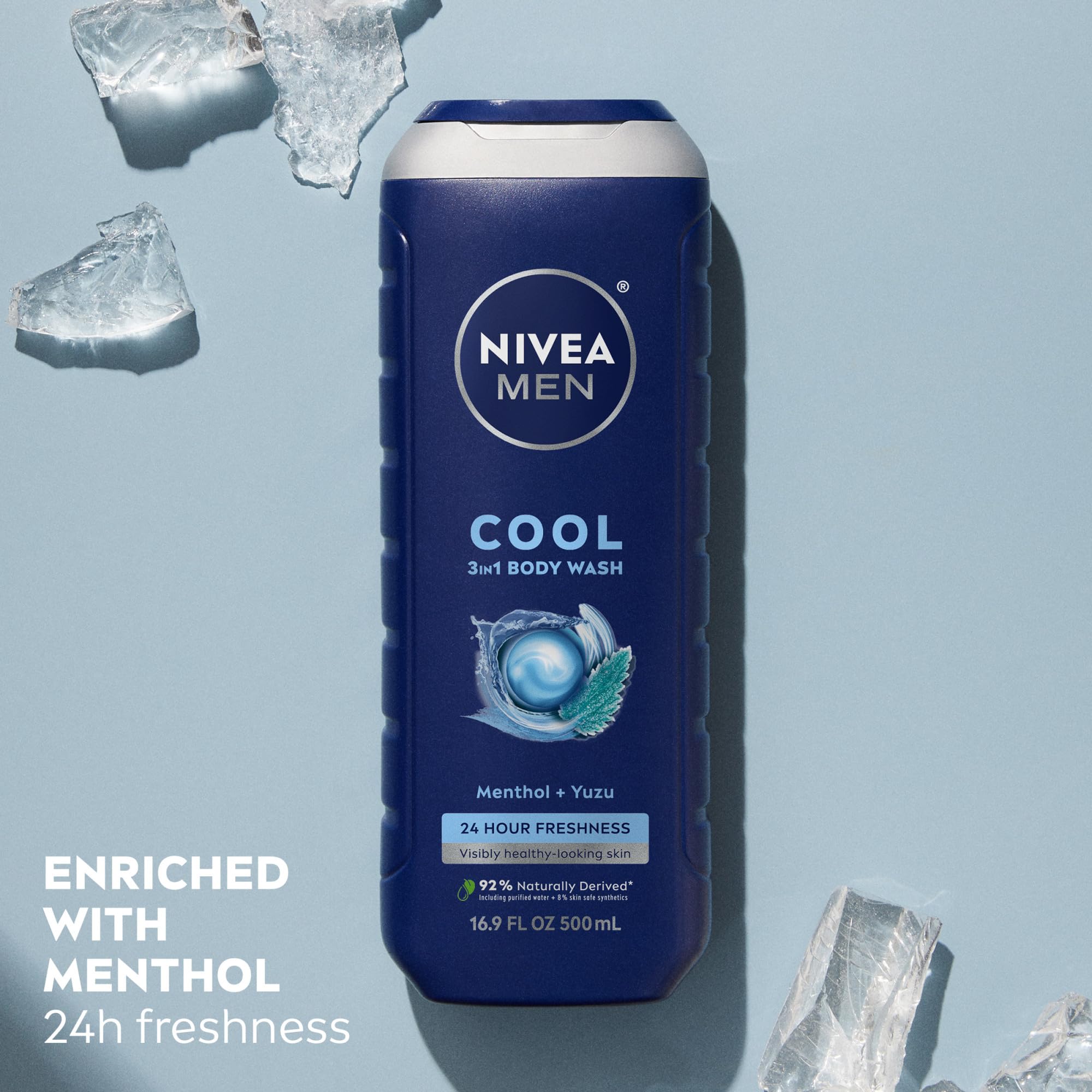 Buy now NIVEA MEN Cool Body Wash, Icy Menthol and Yuzu Scent, 3-in-1 Men's Body Wash, Face and Hair, Paraben Free, pH-Skin Friendly, 16.9 Fl Oz Bottle, Pack of 3 at indiglob india