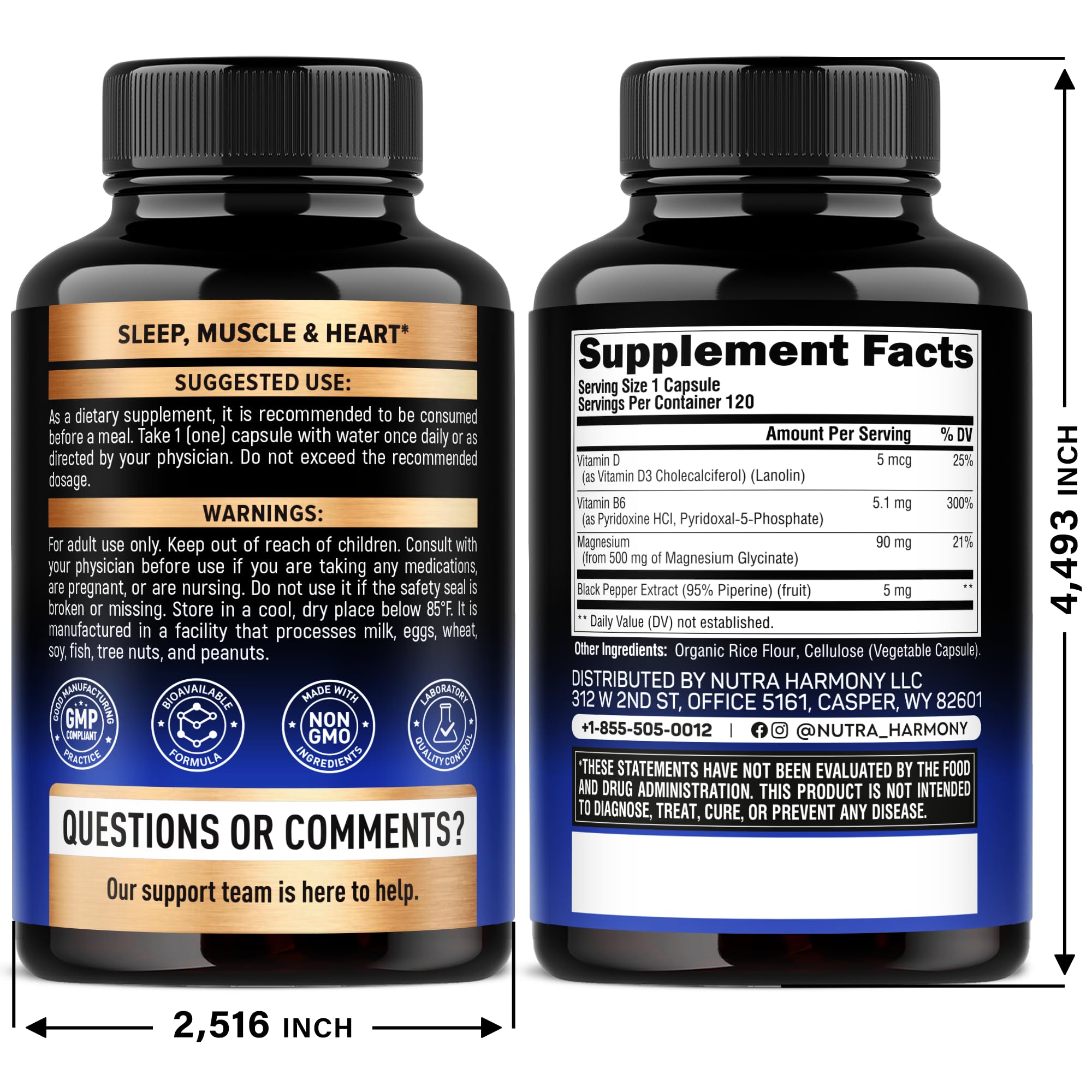 Magnesium Glycinate 500mg - VIT. B6 & D3 - Sleep, Muscle & Heart - 120 Caps | Magnesium Bisglycinate - Chelated High Absorption with Black Pepper - Magnesium for Women & Men - Lab Tested & Non-GMO