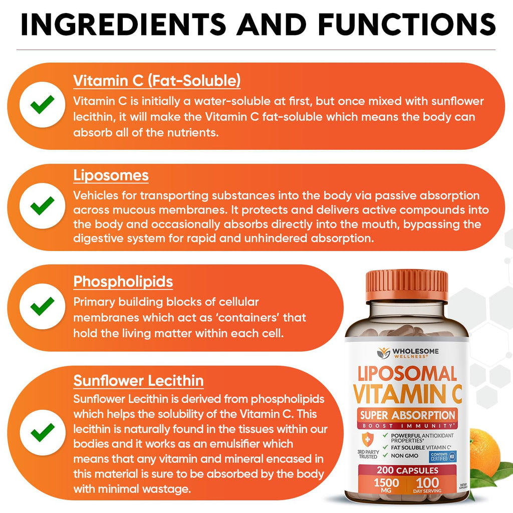 Wholesome Wellness Liposomal Vitamin C Capsules (200 Pills 1500mg Buffered) High Absorption, Immune System & Collagen Booster, High Dose Fat Soluble Immunity Support Ascorbic Acid, Natural Vegan