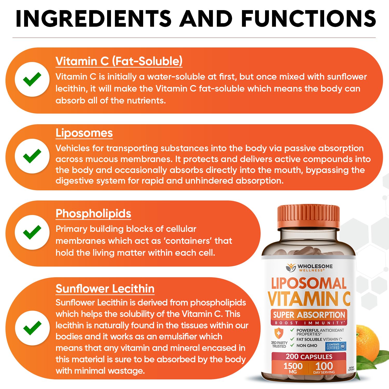 Wholesome Wellness Liposomal Vitamin C Capsules (200 Pills 1500mg Buffered) High Absorption, Immune System & Collagen Booster, High Dose Fat Soluble Immunity Support Ascorbic Acid, Natural Vegan
