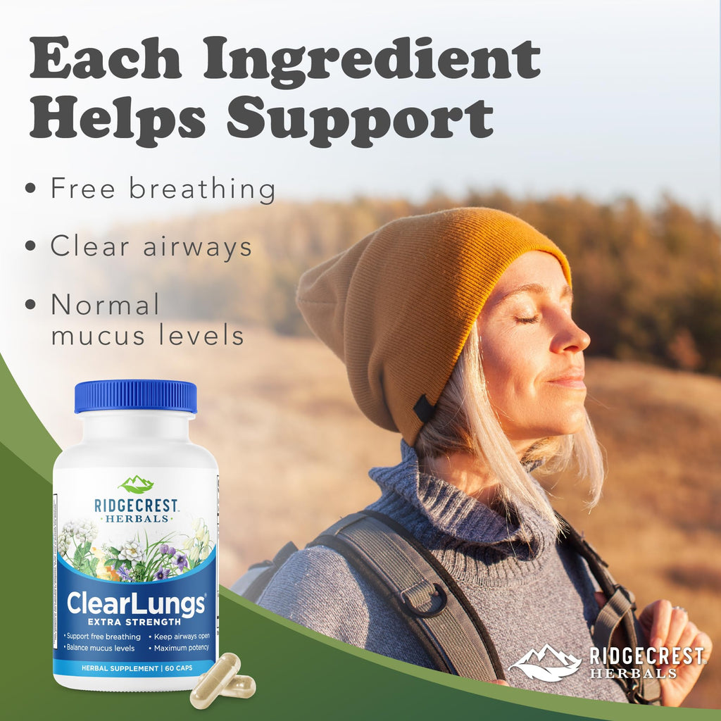 RidgeCrest Herbals ClearLungs Extra Strength Lung Health Support 60 Ct | 30 Servings, 13 Unique Herbs, Natural Nasal Support, Respiratory Comfort, 50% more than Classic with Availablend