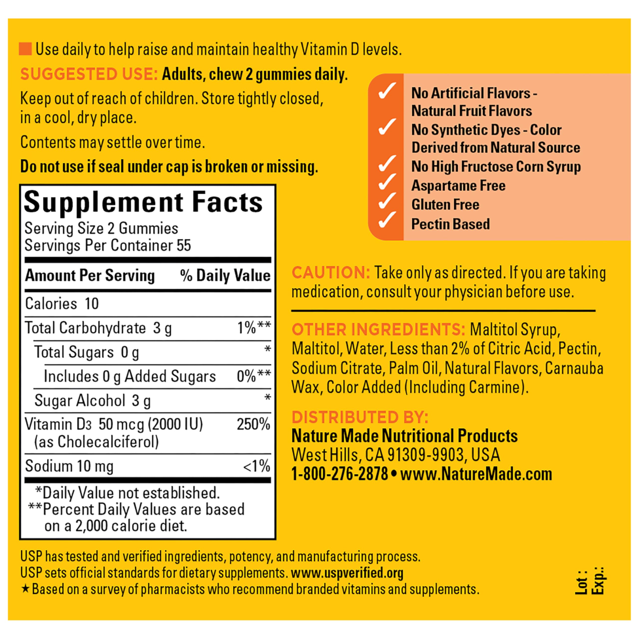 Nature Made Zero Sugar Vitamin D3 Gummies, 110 Vitamin D Gummies | Vitamin D3 2000 IU (50 mcg) per Serving, for Bone and Immune Health Support, Aspartame Free, Cherry Flavor, 55 Day Supply
