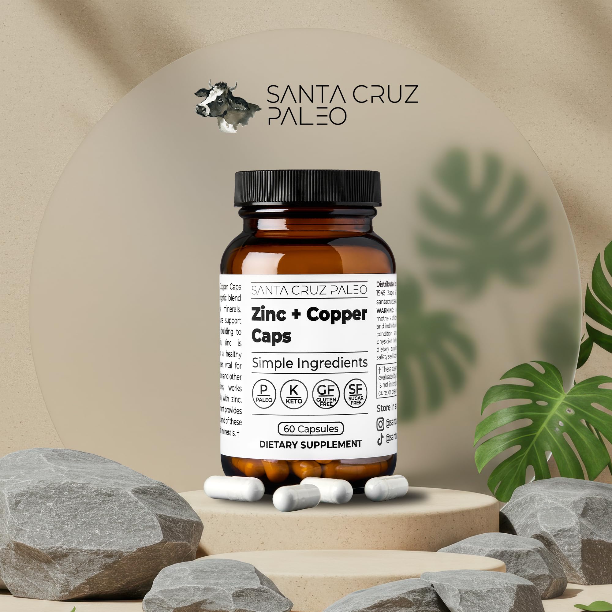 Santa Cruz Paleo, Zinc & Copper Mineral Supplement, High Absorption Formula, Zinc Supplement for Skin & Hair, L Methionine, Copper Gluconate, Trace Minerals, Gluten Free, Keto, Paleo, 60 Capsules