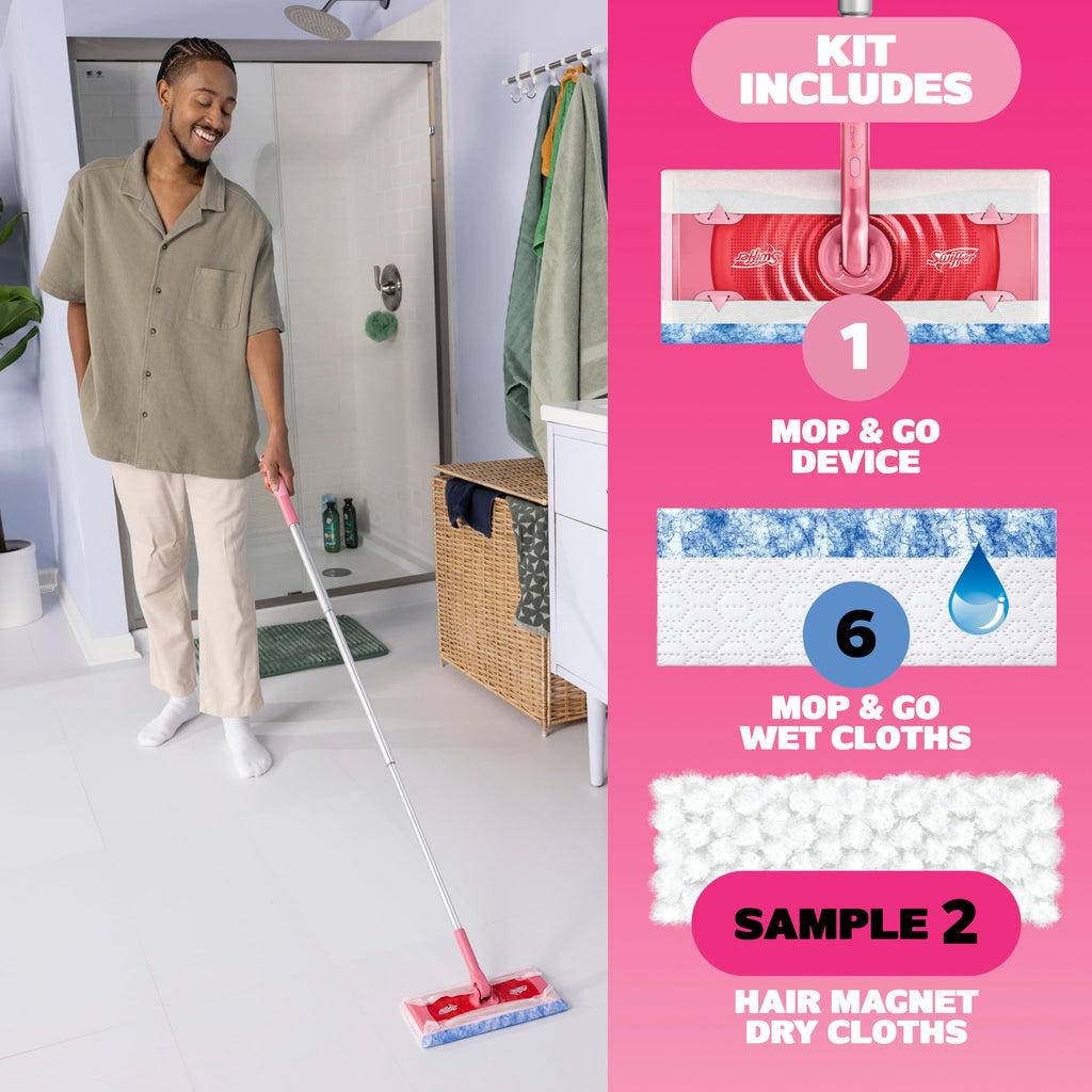 Swiffer Sweep and Mop Deluxe, Limited Edition Pink, 2-in-1 Floor Mopping and Sweeping Kit, Multi-Surface Kit for Floor Cleaning, Includes 1 Sweeper, 5 Heavy Duty Dry Cloths, 3 Heavy Duty Wet Cloths