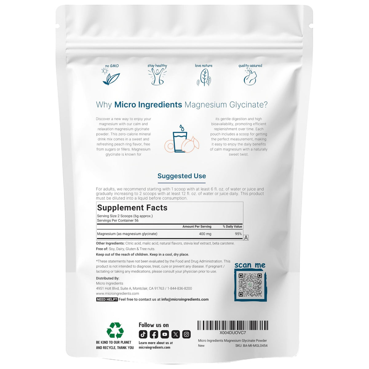 Magnesium Glycinate Powder, 12oz (56 Servings) | Sweet Peach Ring Flavored | Sleep, Muscle, Heart & Nerve Health Support* | Chelated Magnesium Supplement | Non-GMO, Vegan, Sugar Free
