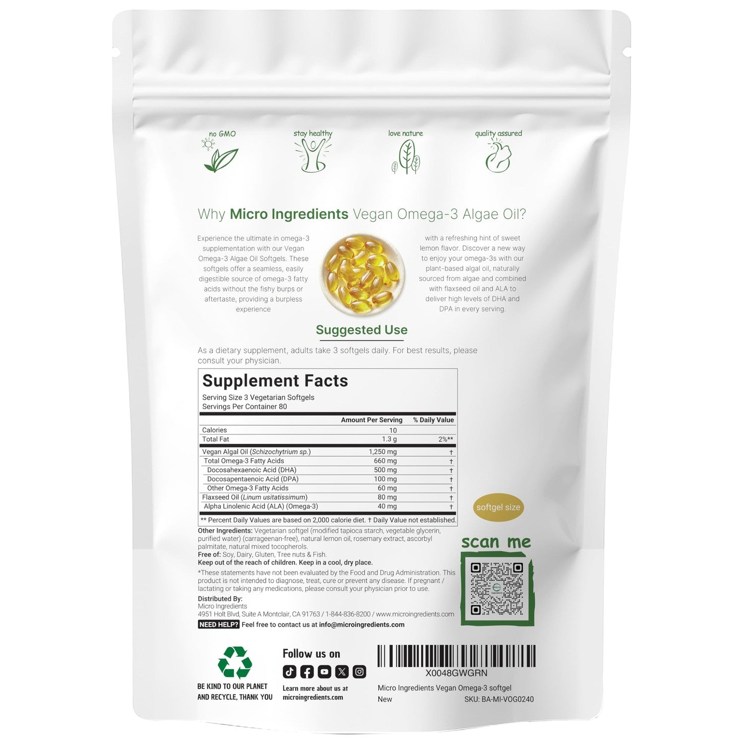 Micro Ingredients Vegan Omega 3 Algae Oil, 240 Veggie Softgels | Fish Oil Alternative | DHA 500mg & DPA 100mg | Carrageenan Free | Plant-Based Omega 3 with Flaxseed & ALA | Lemon Flavored