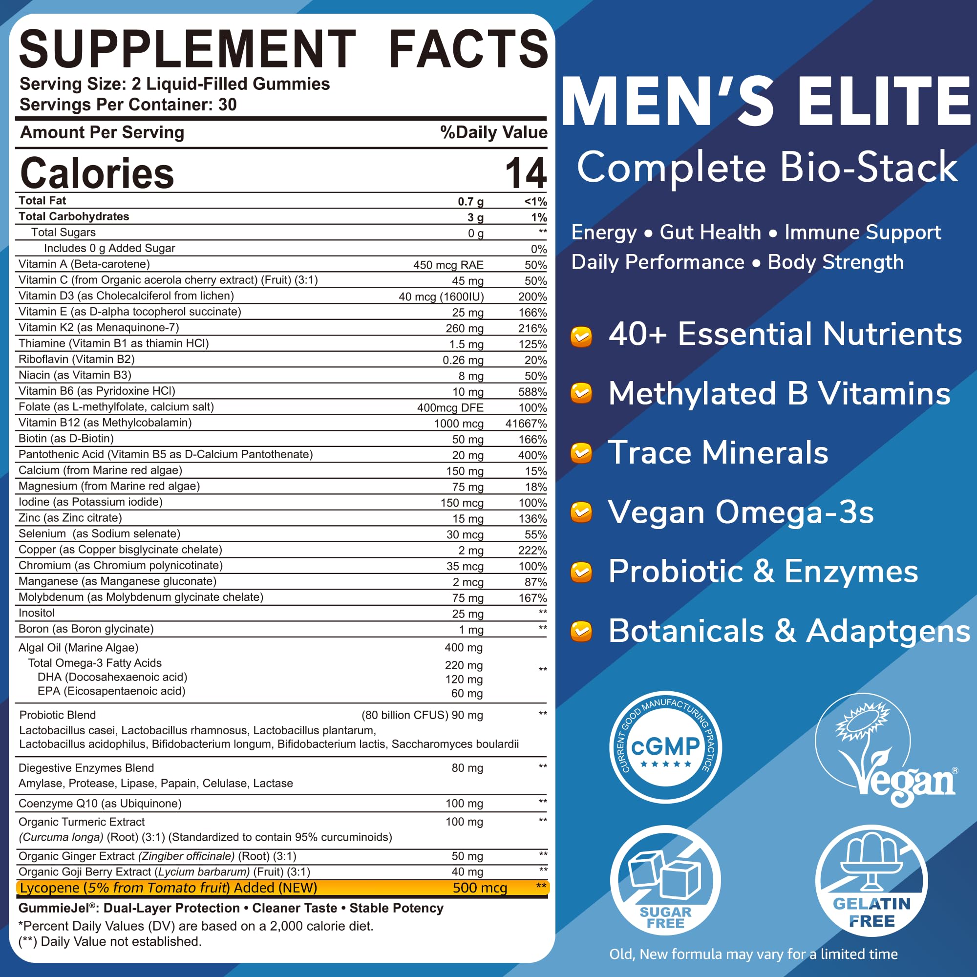 Mens Multivitamins Gummies, Methylated Multivitamin for Men, B Complex, Minerals, Vegan Omega 3, Probiotic, Enzyme, Antioxidants for Men's Complete Daily Support, Sugar Free, Vegan (No Iron) 60 Counts