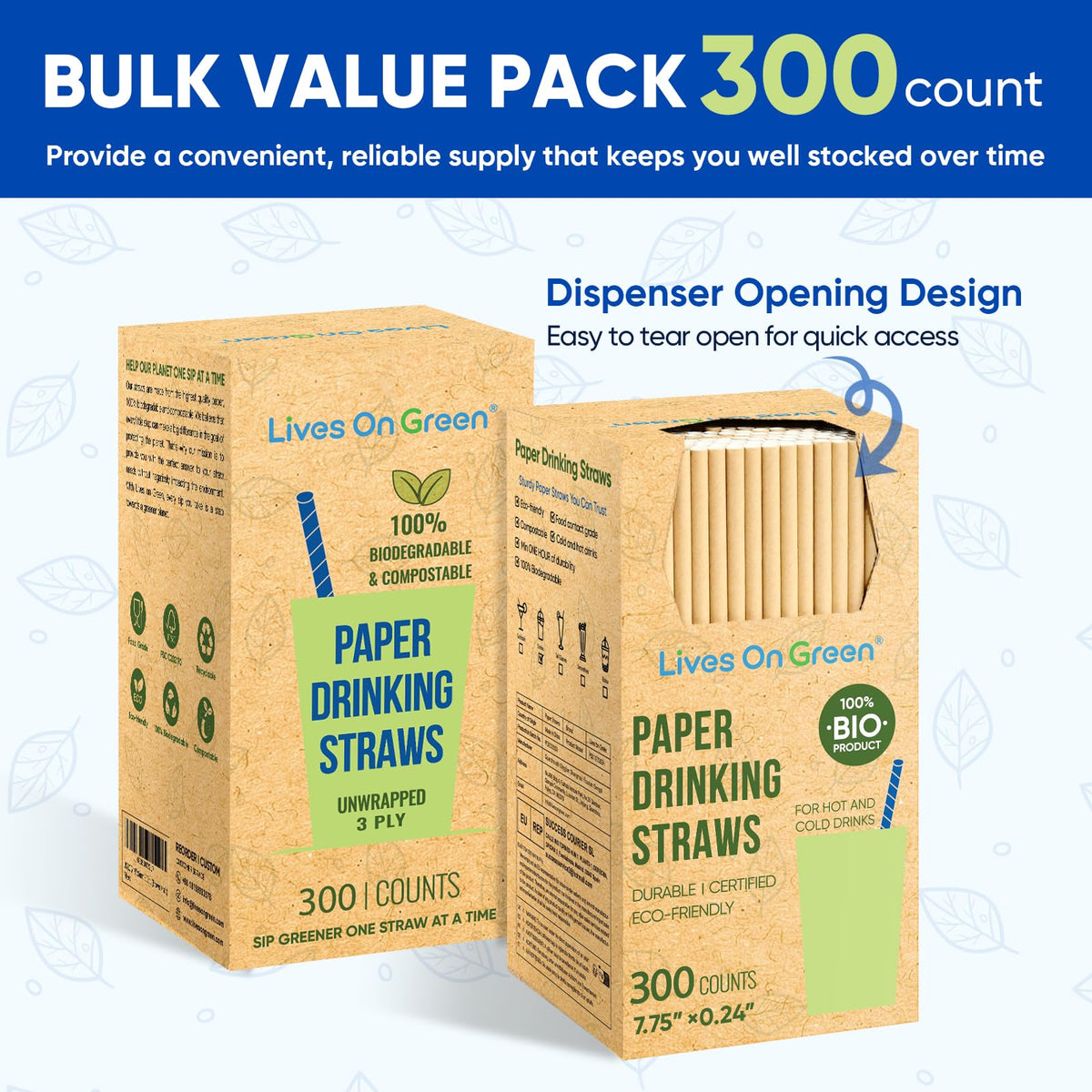 [300 Pack] Brown Paper Straws 7.75" Compostable Drinking Straws Disposable