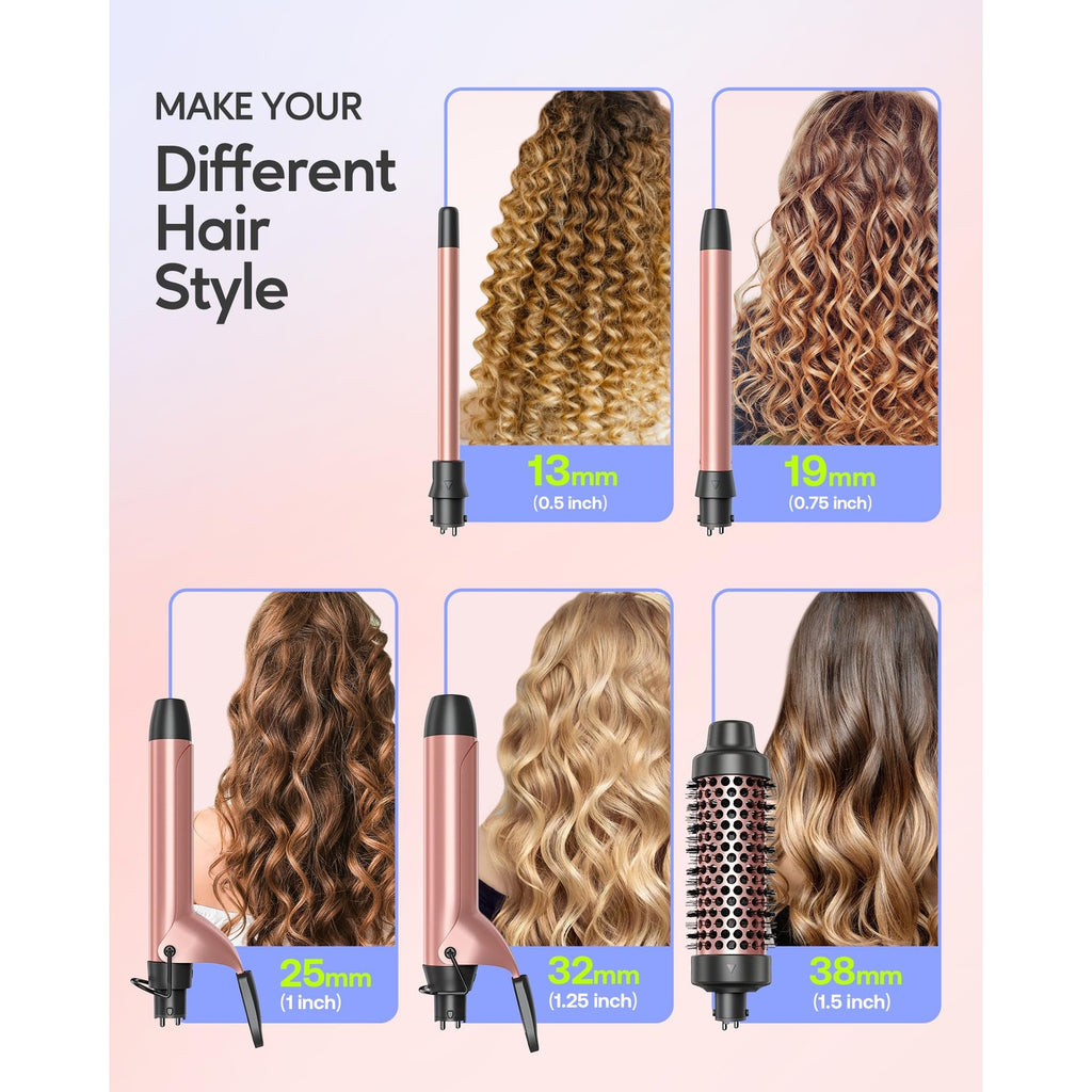 Wavytalk 5 in 1 Curling Iron Set with Heated Round Brush for Blowout Look | 4 Interchangeable Curling Iron(0.5”-1.25"), Ceramic-Coated Barrels for Smooth Glide,Less Damage,Dual Voltage Hair Curler
