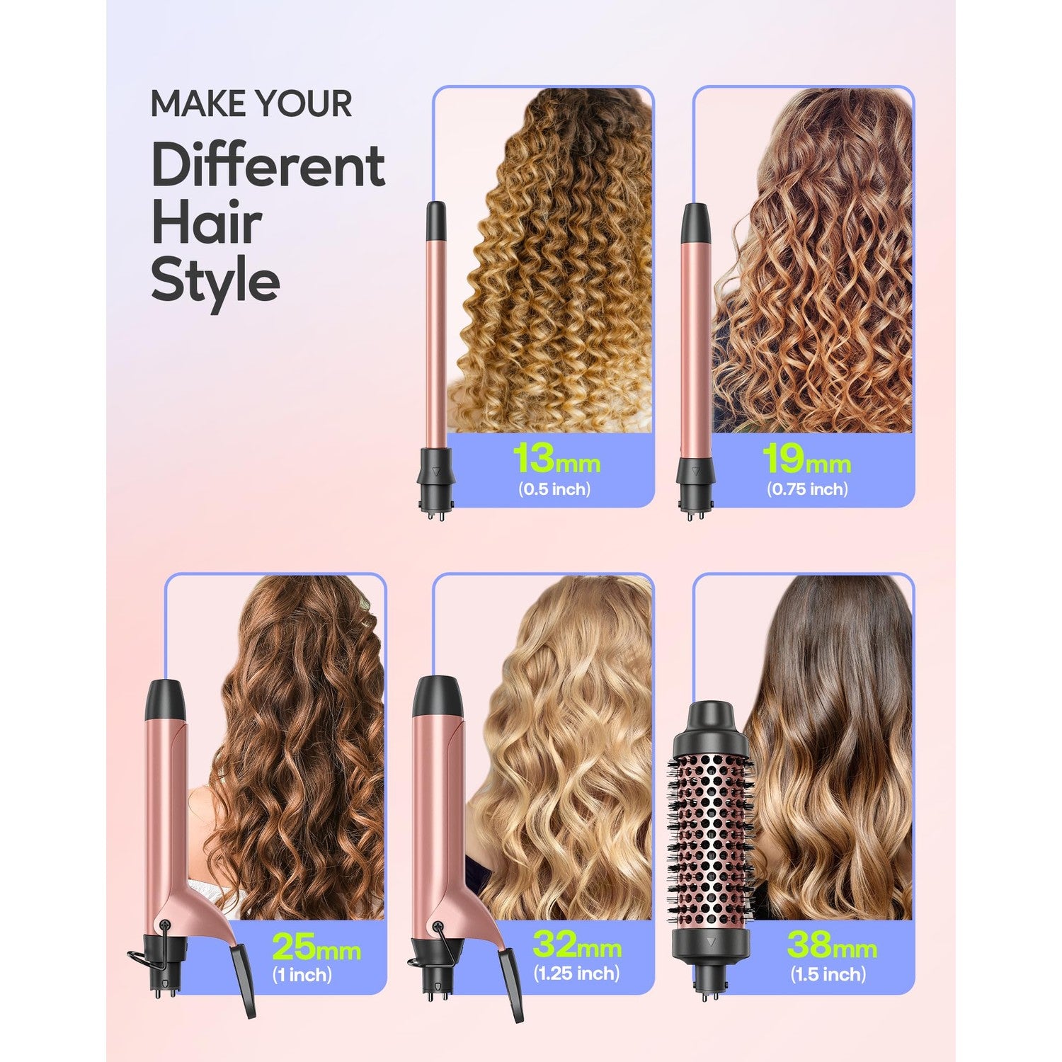 Wavytalk 5 in 1 Curling Iron Set with Heated Round Brush for Blowout Look | 4 Interchangeable Curling Iron(0.5”-1.25"), Ceramic-Coated Barrels for Smooth Glide,Less Damage,Dual Voltage Hair Curler