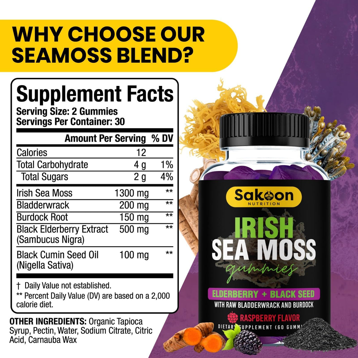 Sakoon nutrition Wildcrafted Irish Sea Moss Gummies with Bladderwrack, Burdock Root, Elderberry & Black Seed Oil – Vegan, Non-GMO – 60 Gummies