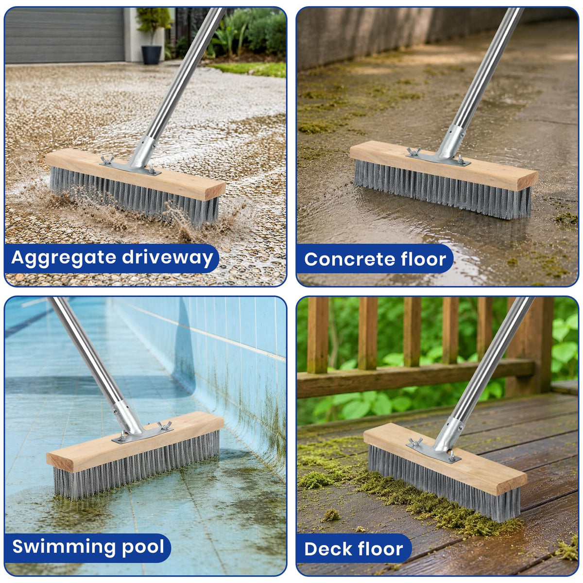 Stainless Steel Deck Scrub Brush, Outdoor Broom for Concrete, Deck, Cement Floor Cleaning, 56" Long Handled Heavy Duty Floor Scrubber