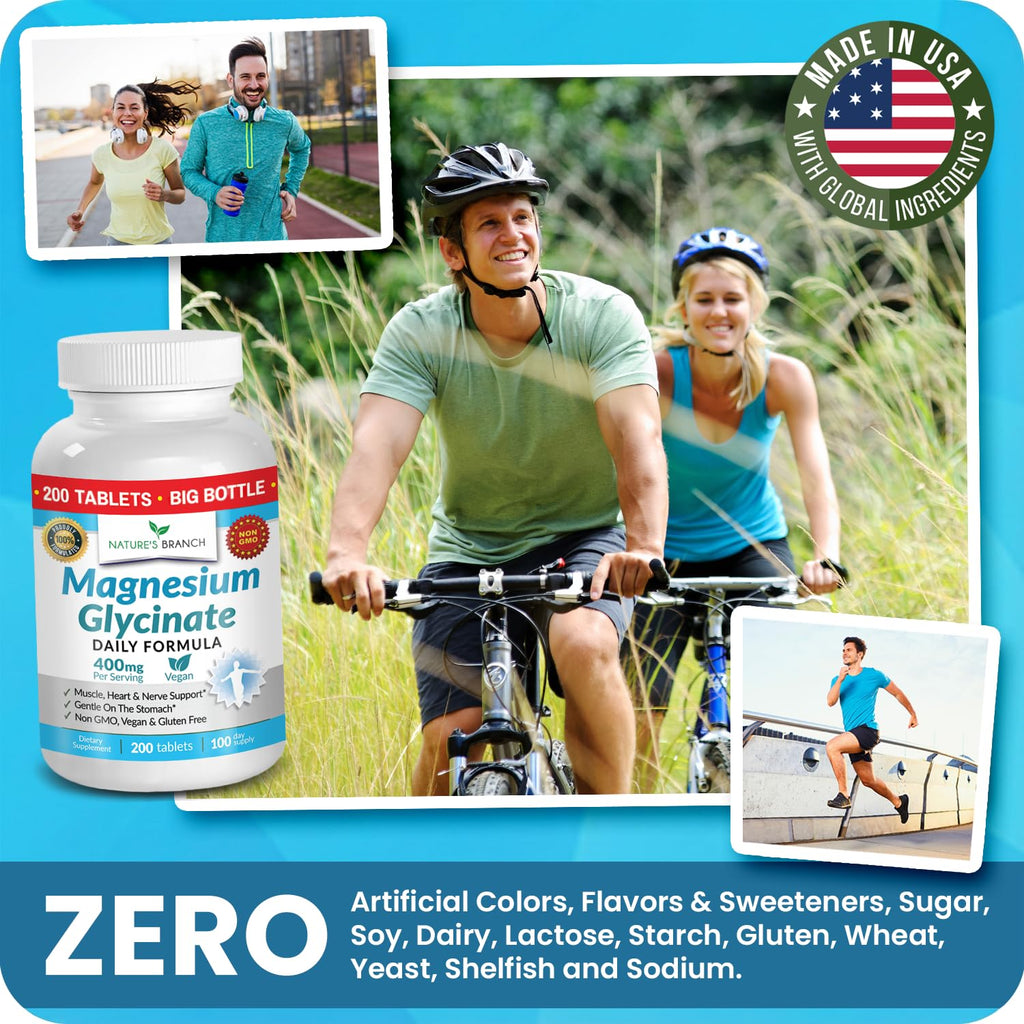 Magnesium Glycinate 400mg | 200 Tablets – High Absorption for Sleep & Heart | Mag Supplements for Cramps, Muscle & Calm – Non Buffered Bisglycinate, Extra Strength for Men and Women, Tablets Not Capsules