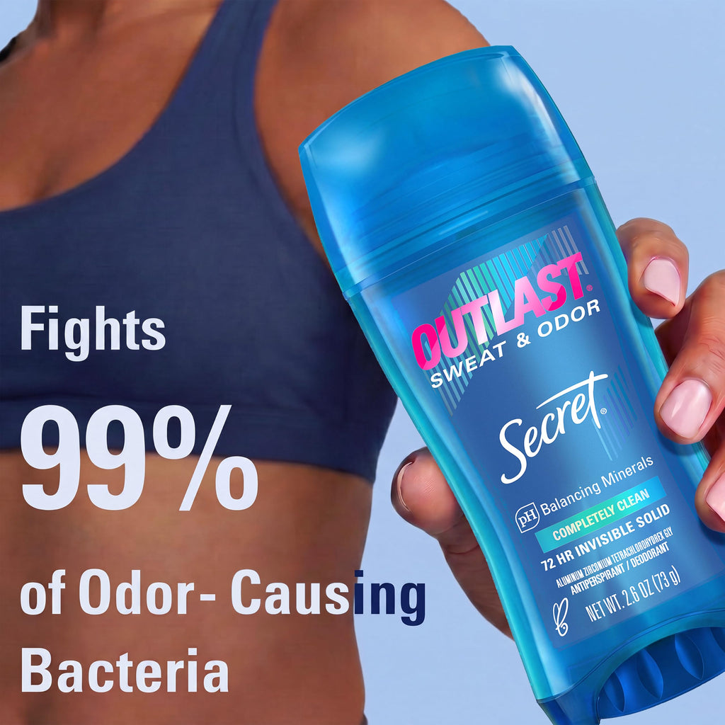 Secret Outlast Antiperspirant Deodorant for Women, 72hr Sweat & Odor Protection, PH Balancing Minerals, Invisible Solid, Completely Clean Scent, 2.6 oz (Pack of 2)