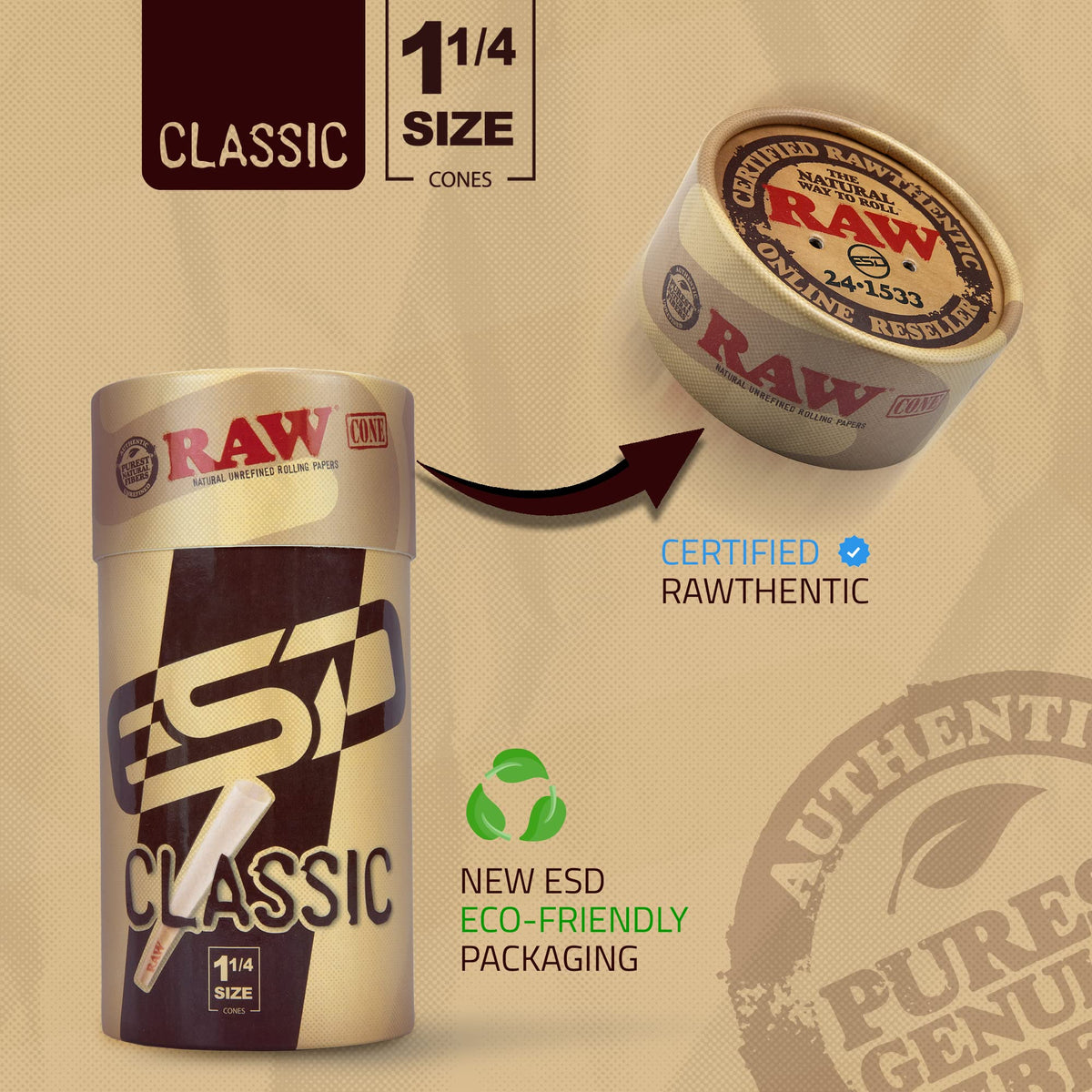 RAW Cones Classic 1-1/4 Size 84mm - 150 Pack Pre Roll Rolling Paper