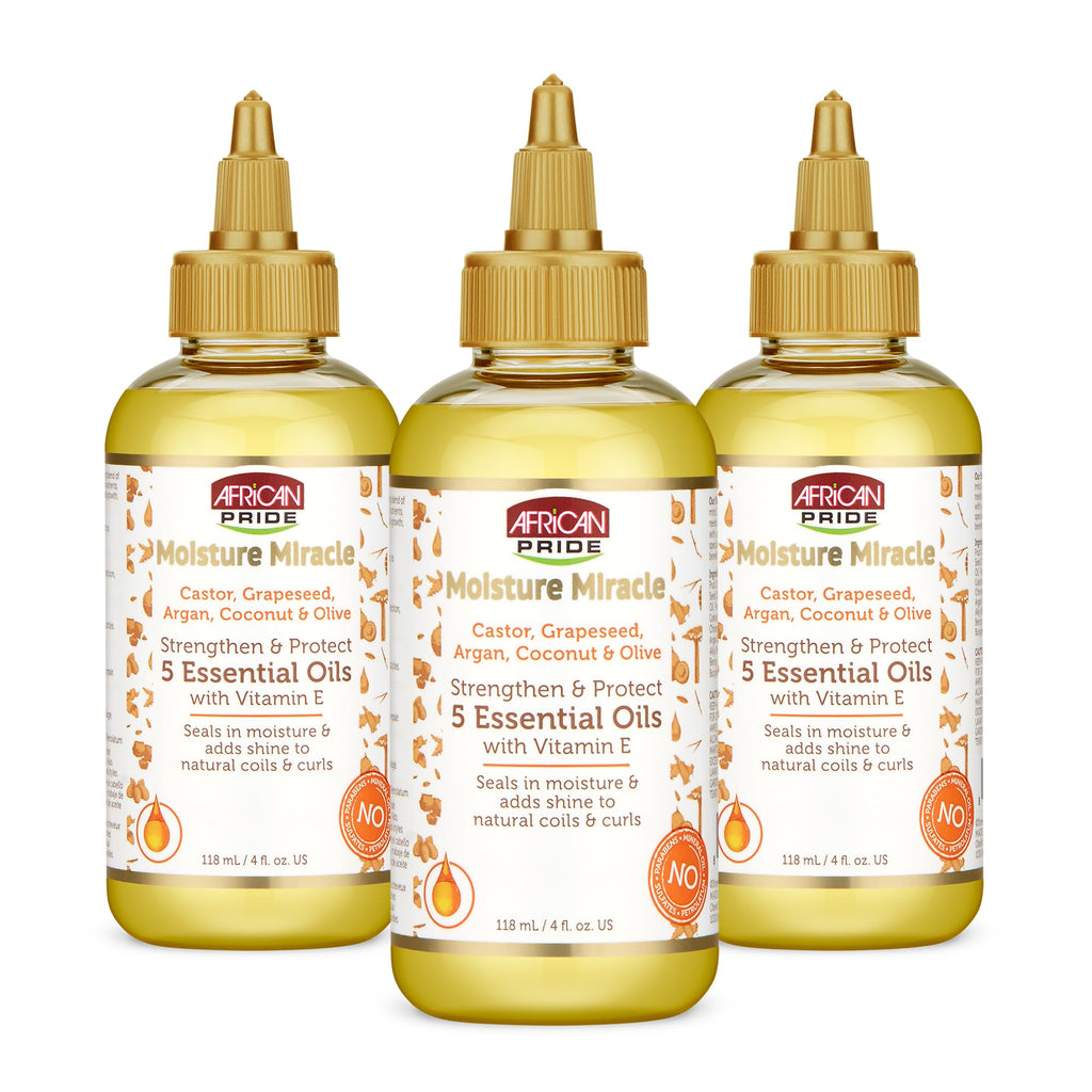 African Pride Moisture Miracle 5 Essential Hair Oils, 8 Oz | Argan, castor, grapeseed, coconut & olive oils with vitamin E for shine, strength and moisture