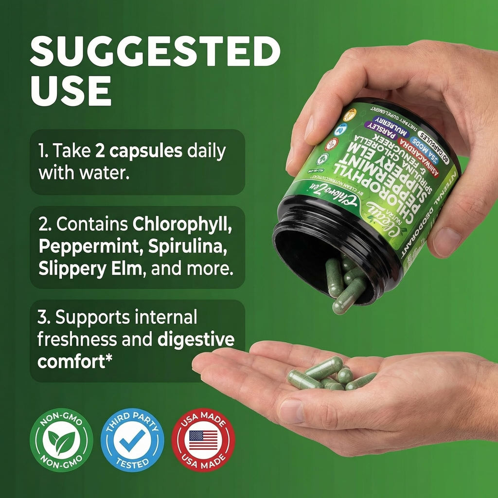 Clean Nutra Chlorophyll Capsules + Peppermint Slippery Elm Spirulina Chlorella Fenugreek Ashwagandha Sea Moss Supplement – Ph Balance for Women Detox Internal Deodorant Supplement + Prebiotics 60 Ct