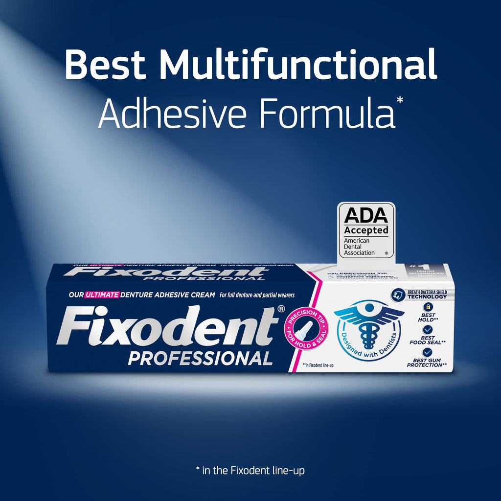 Professional Ultimate Denture Adhesive Cream for Strong, All-Day Hold for Full and Partial Dentures, 1.8 oz Tube with Breath Bacteria Shield and Precision Tip (3 Pack)