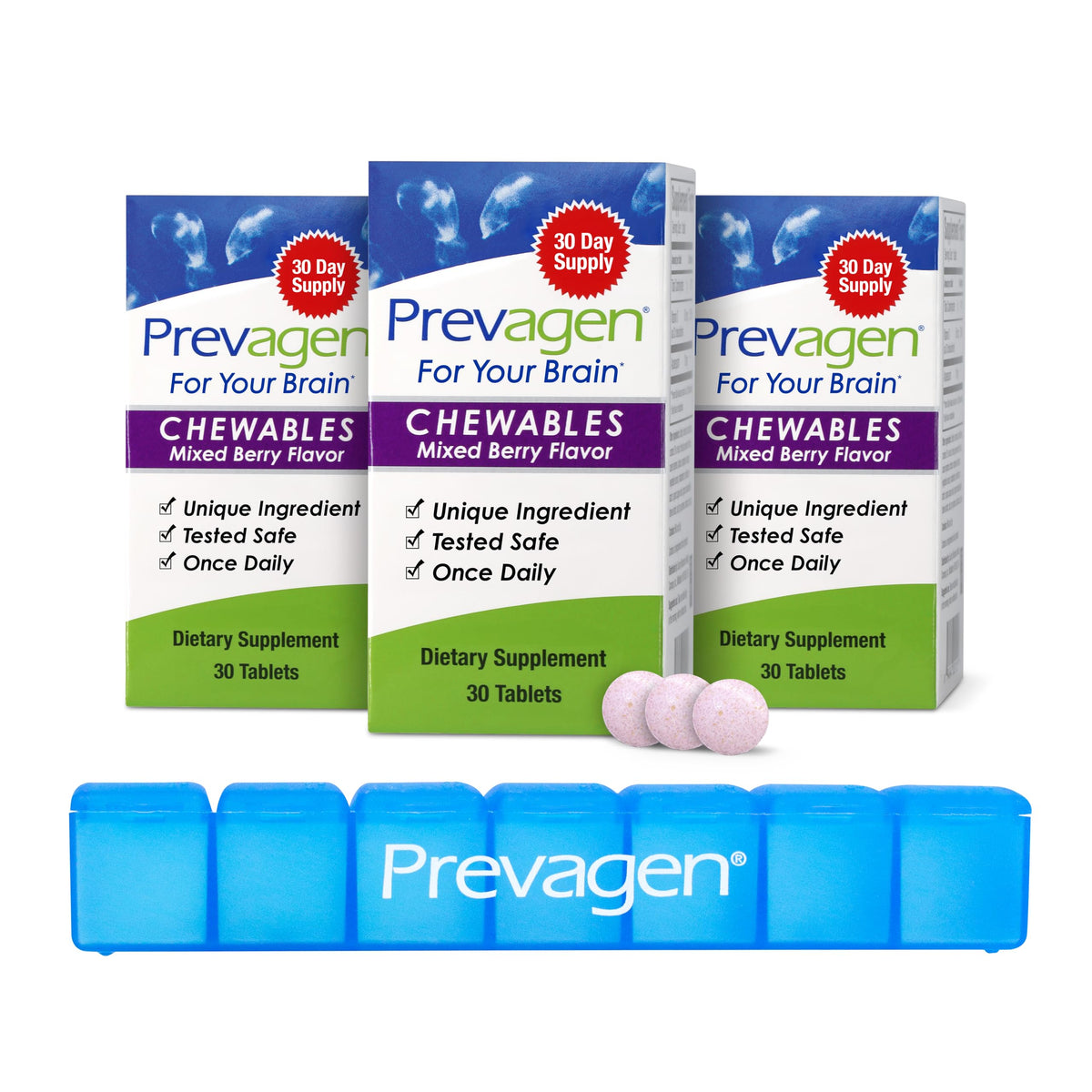 Prevagen Regular Strength Mixed Berry Chewables, 7-Day Pill Minder, 3-Pack